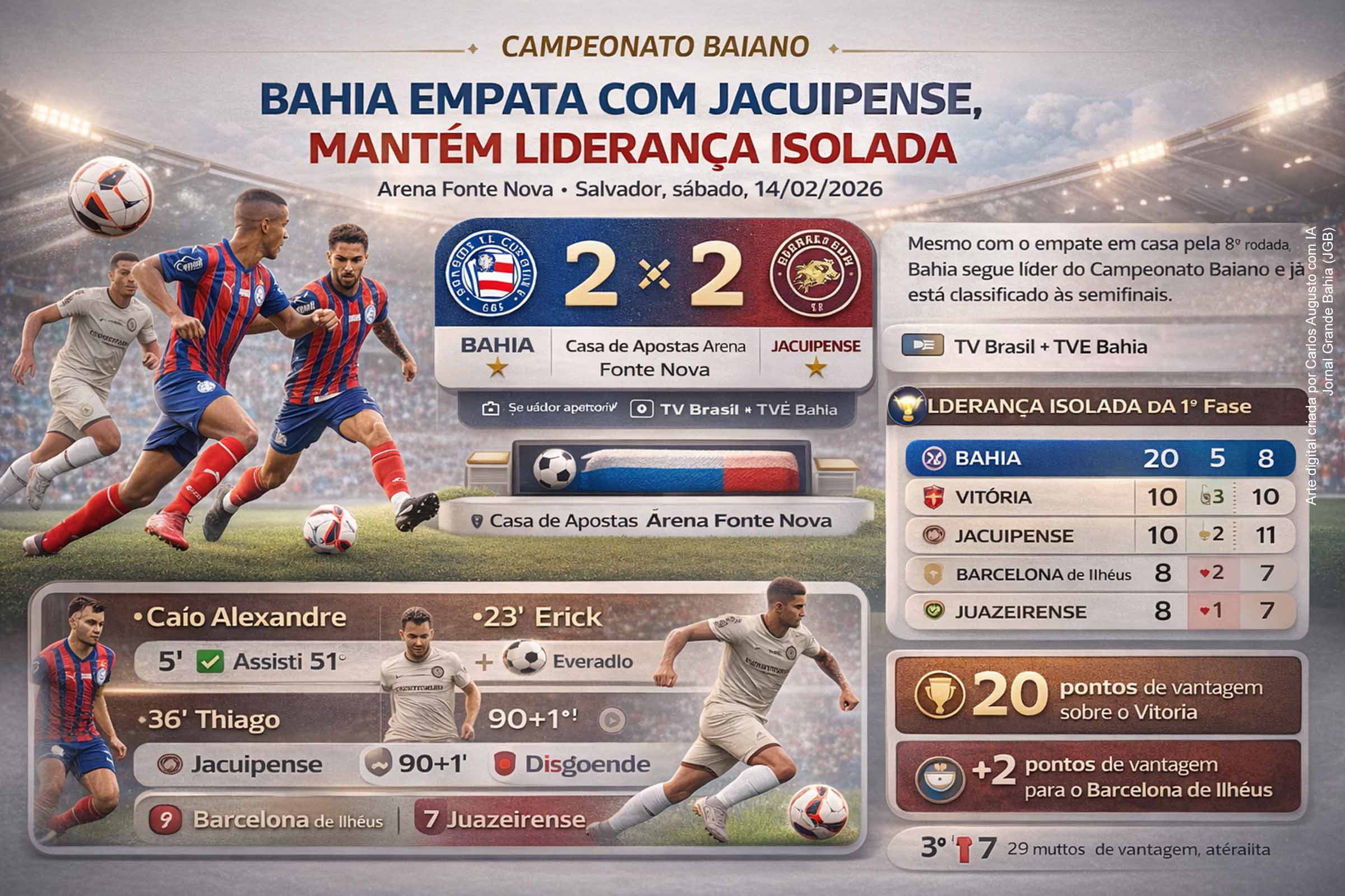O Bahia empatou em 2 a 2 com a Jacuipense na Arena Fonte Nova, pela oitava rodada do Campeonato Baiano, e manteve a liderança isolada com 20 pontos, já classificado às semifinais. A equipe abriu dois gols, mas cedeu o empate nos acréscimos. A Jacuipense segue na disputa por vaga no G4, embora ainda conviva com risco de rebaixamento na reta final da primeira fase.