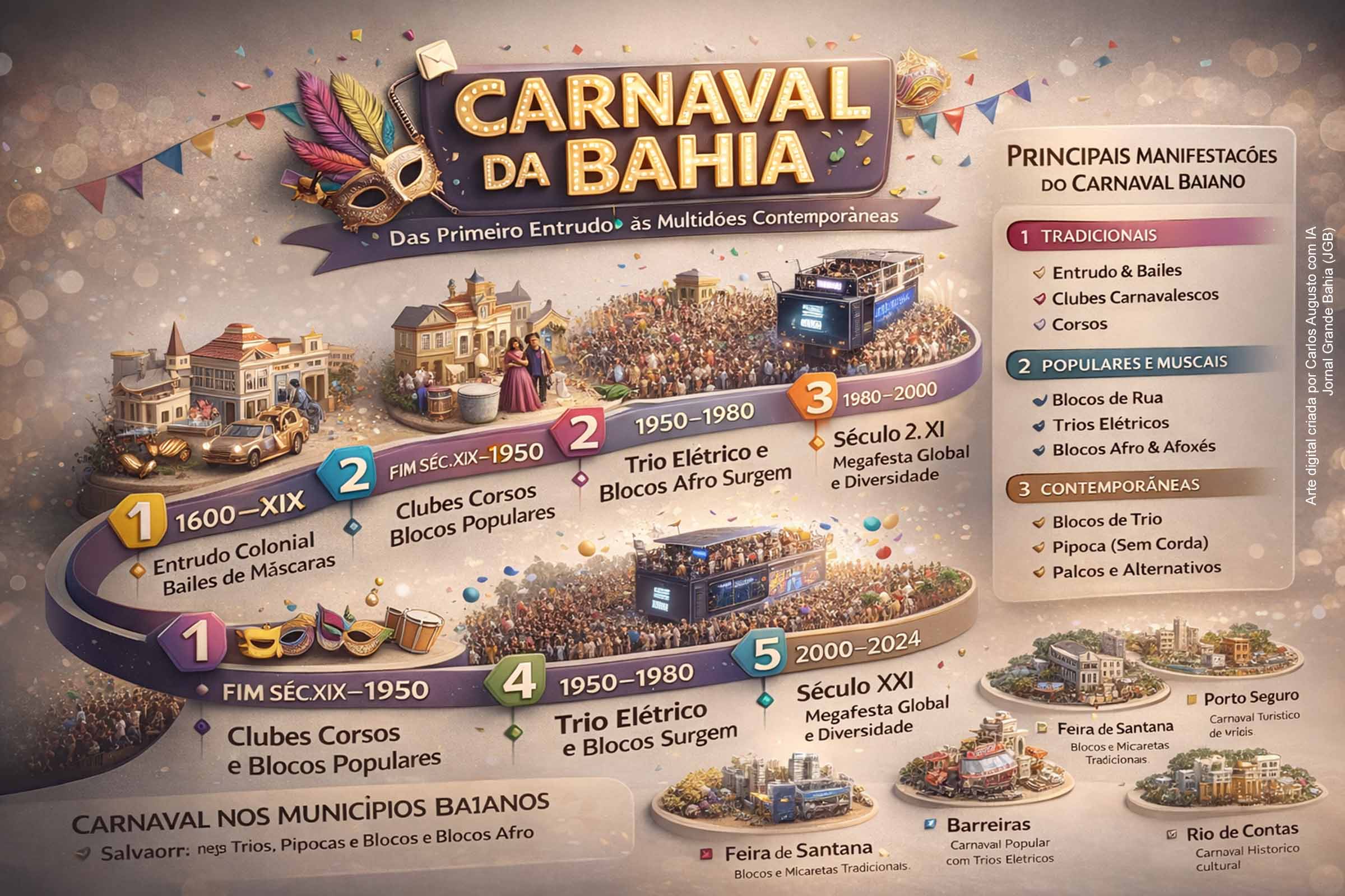 Salvador, segunda-feira (17/02/2026) — O Carnaval da Bahia é resultado de uma longa trajetória histórica que atravessa o período colonial, passa pela aristocratização dos bailes e corsos, ganha caráter popular com os blocos de rua e se reinventa com o surgimento do trio elétrico, dos blocos afro e do axé. Hoje, consolidado como uma das maiores festas do planeta, o evento movimenta milhões de foliões, impulsiona a economia e se afirma como expressão central da identidade cultural baiana.