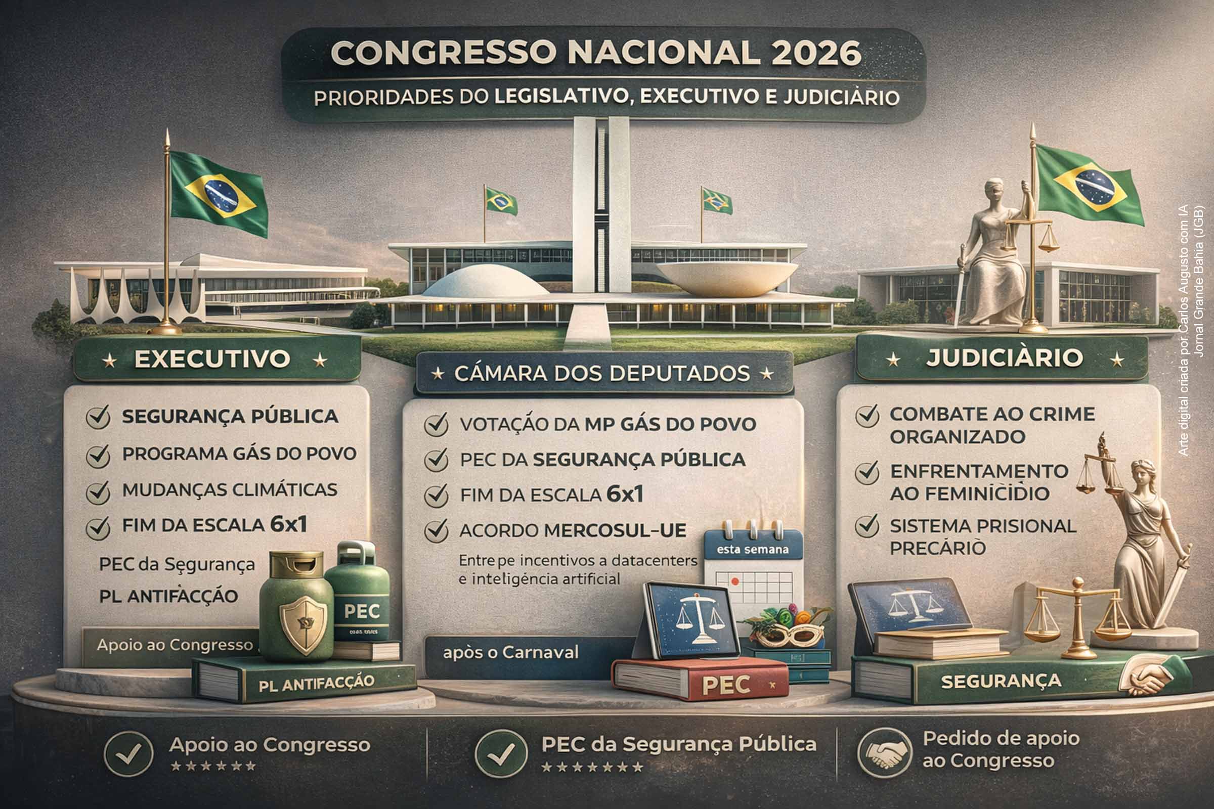 O Congresso Nacional iniciou o ano legislativo de 2026 com a apresentação das prioridades dos Três Poderes, destacando segurança pública, combate ao feminicídio, redução da jornada 6x1 e políticas sociais. A solenidade marcou o bicentenário do Parlamento brasileiro e reforçou o apelo por diálogo institucional em um ano eleitoral, com compromissos de cooperação entre Executivo, Legislativo e Judiciário.