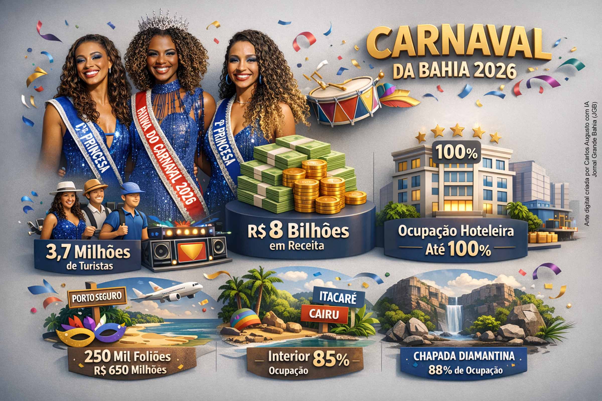 A Bahia projeta 3,7 milhões de turistas e receita de R$ 8 bilhões no Carnaval de 2026, com ocupação hoteleira de até 100% em Salvador e diversas cidades do interior. Destinos como Porto Seguro, Itacaré, Cairu, Barreiras e Lençóis registram alta movimentação, confirmando a estratégia de interiorização do turismo e consolidando a festa como principal motor econômico do período.