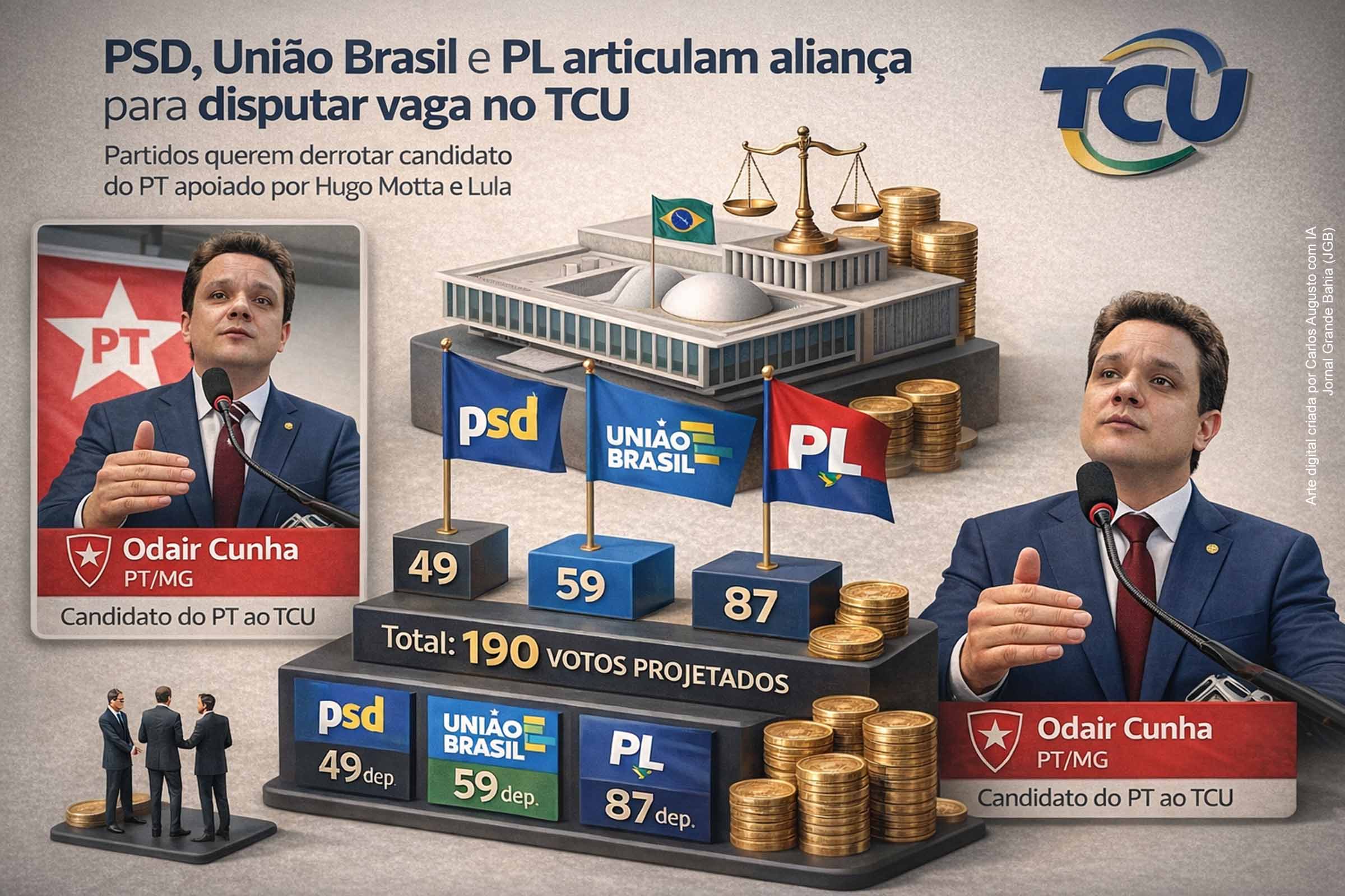 PSD, União Brasil e PL articulam aliança para disputar vaga no TCU e desafiar candidato apoiado por Hugo Motta e presidente Lula