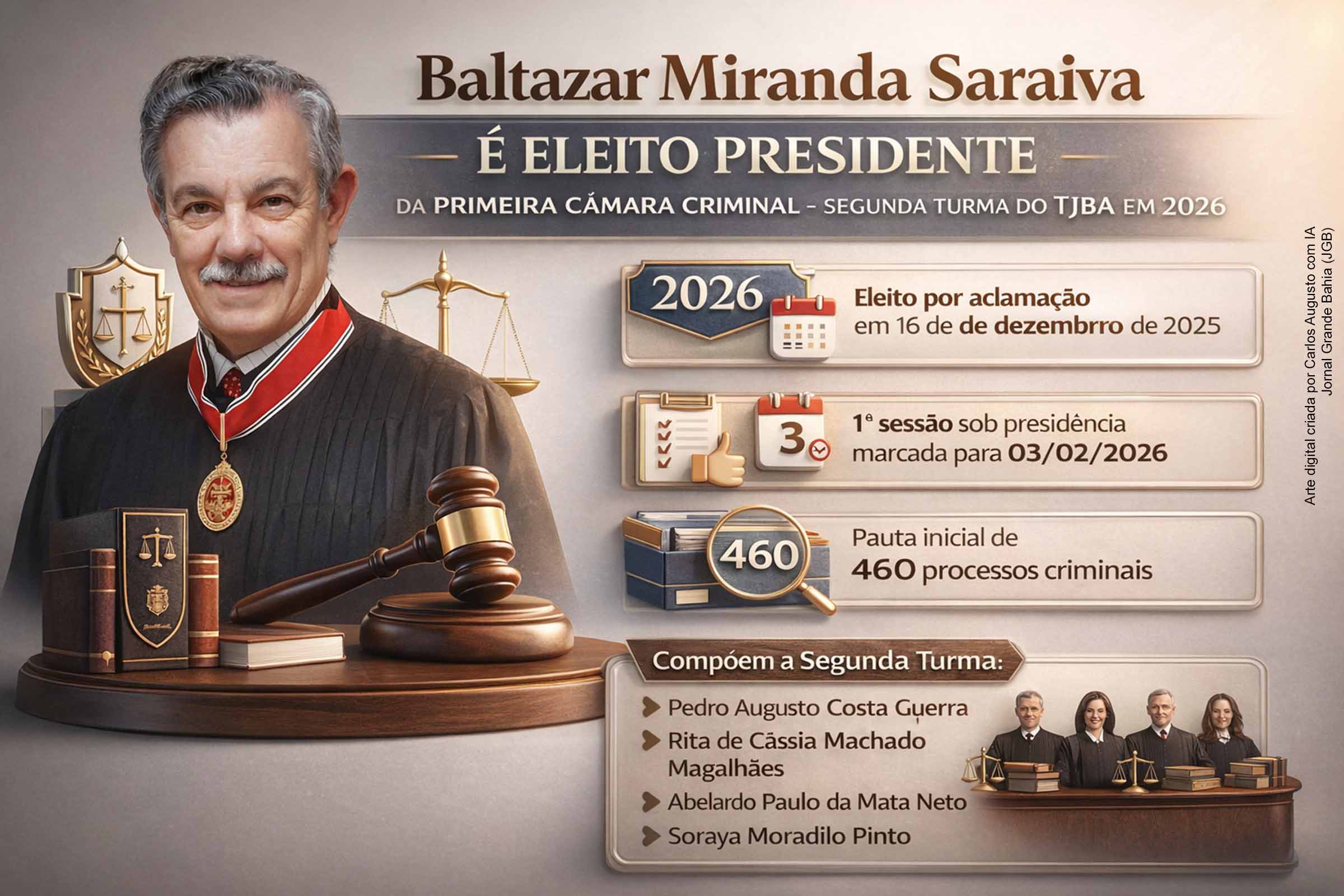 Desembargador Baltazar Miranda Saraiva é eleito para presidir as sessões da Primeira Câmara Criminal – Segunda Turma do TJBA em 2026