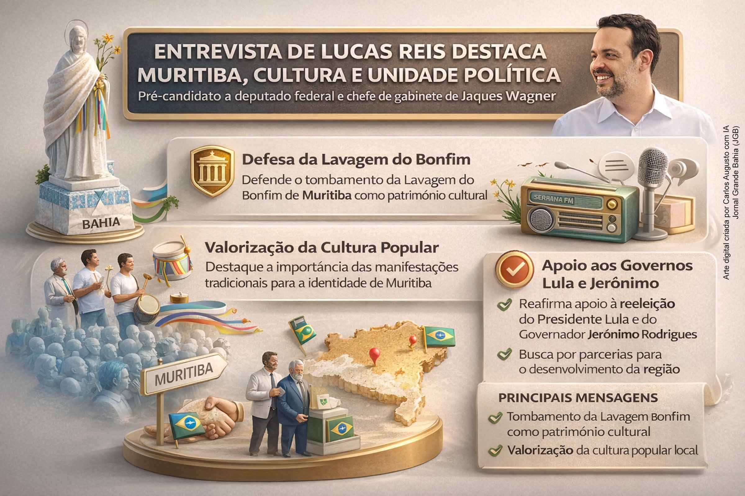 Em entrevista à Rádio Serrana FM, Lucas Reis destacou sua ligação com Muritiba, defendeu o tombamento da Lavagem do Bonfim como patrimônio cultural e reafirmou apoio à reeleição de Lula e Jerônimo Rodrigues. O pré-candidato ressaltou alianças locais, a importância da unidade política e o compromisso de atuar em favor do desenvolvimento municipal, com ênfase na valorização da cultura popular.