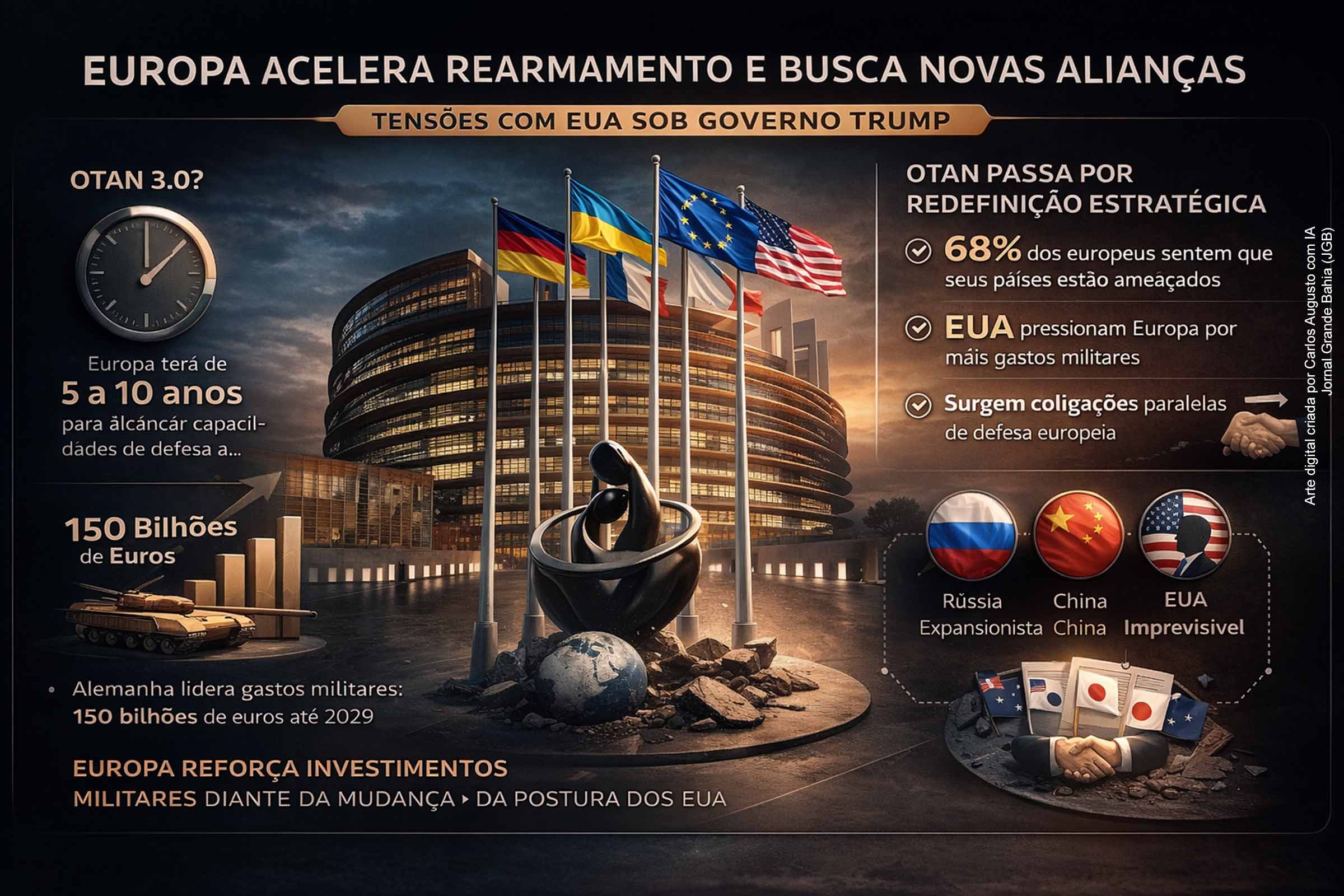 A mudança de postura dos Estados Unidos sob Donald Trump levou a Europa a acelerar investimentos militares, rever alianças e discutir a autonomia estratégica do continente. A Alemanha emerge como principal potência militar europeia, enquanto a OTAN passa por redefinição. O cenário expõe divisões internas entre países sobre gastos de defesa e indica o surgimento de novas coalizões de segurança, em meio ao enfraquecimento da ordem atlântica tradicional.