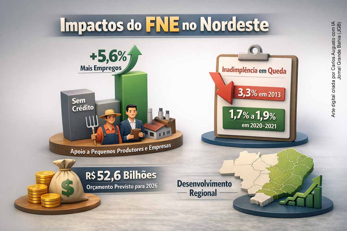 Estudo da Sudene aponta que empresas financiadas pelo Fundo Constitucional de Financiamento do Nordeste (FNE) registraram aumento médio de 5,6% no número de empregados. A pesquisa também identificou queda significativa da inadimplência da carteira, que passou de 3,3% em 2013 para cerca de 1,7% a 1,9% entre 2020 e 2021. Com orçamento previsto de R$ 52,6 bilhões para 2026, o FNE permanece como principal instrumento de crédito voltado ao desenvolvimento produtivo da região.