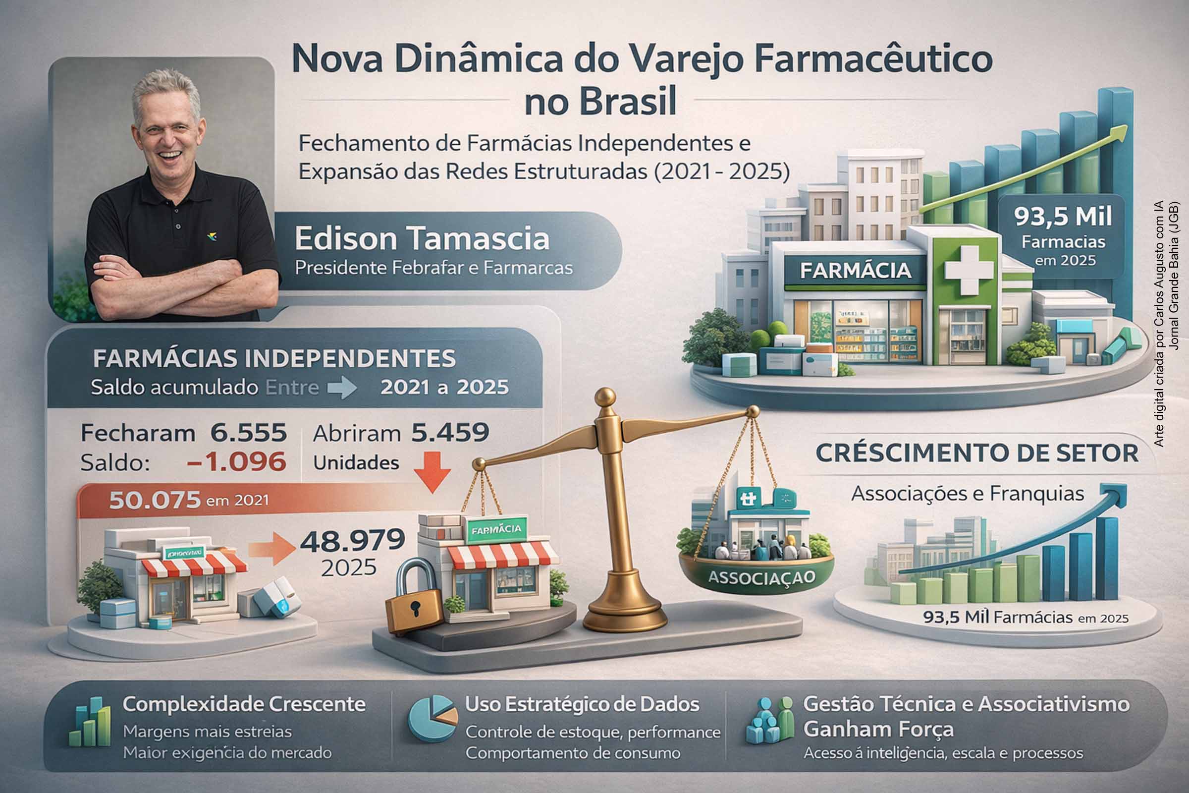 O varejo farmacêutico brasileiro segue em expansão, mas passa por mudança estrutural. Entre 2021 e 2025, farmácias independentes registraram saldo negativo de unidades, enquanto redes organizadas ampliaram presença. Em 2025, foram 6.555 fechamentos contra 5.459 aberturas. O setor se torna mais técnico, competitivo e orientado por dados, com o associativismo surgindo como principal estratégia para manter a competitidade do pequeno varejo.