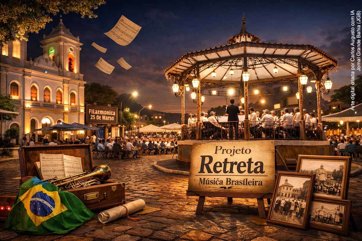A Filarmônica 25 de Março realiza neste sábado (28/02/2026), em Feira de Santana, a segunda edição do projeto Retreta, com apresentação no coreto da Praça da Matriz. O concerto reúne novos arranjos de clássicos da música brasileira, obras de compositores locais e participação da Sociedade Lítero Musical Minerva Cachoeirana. A programação inclui ainda exposição fotográfica sobre a memória cultural da cidade e busca resgatar a tradição das retretas em praça pública.