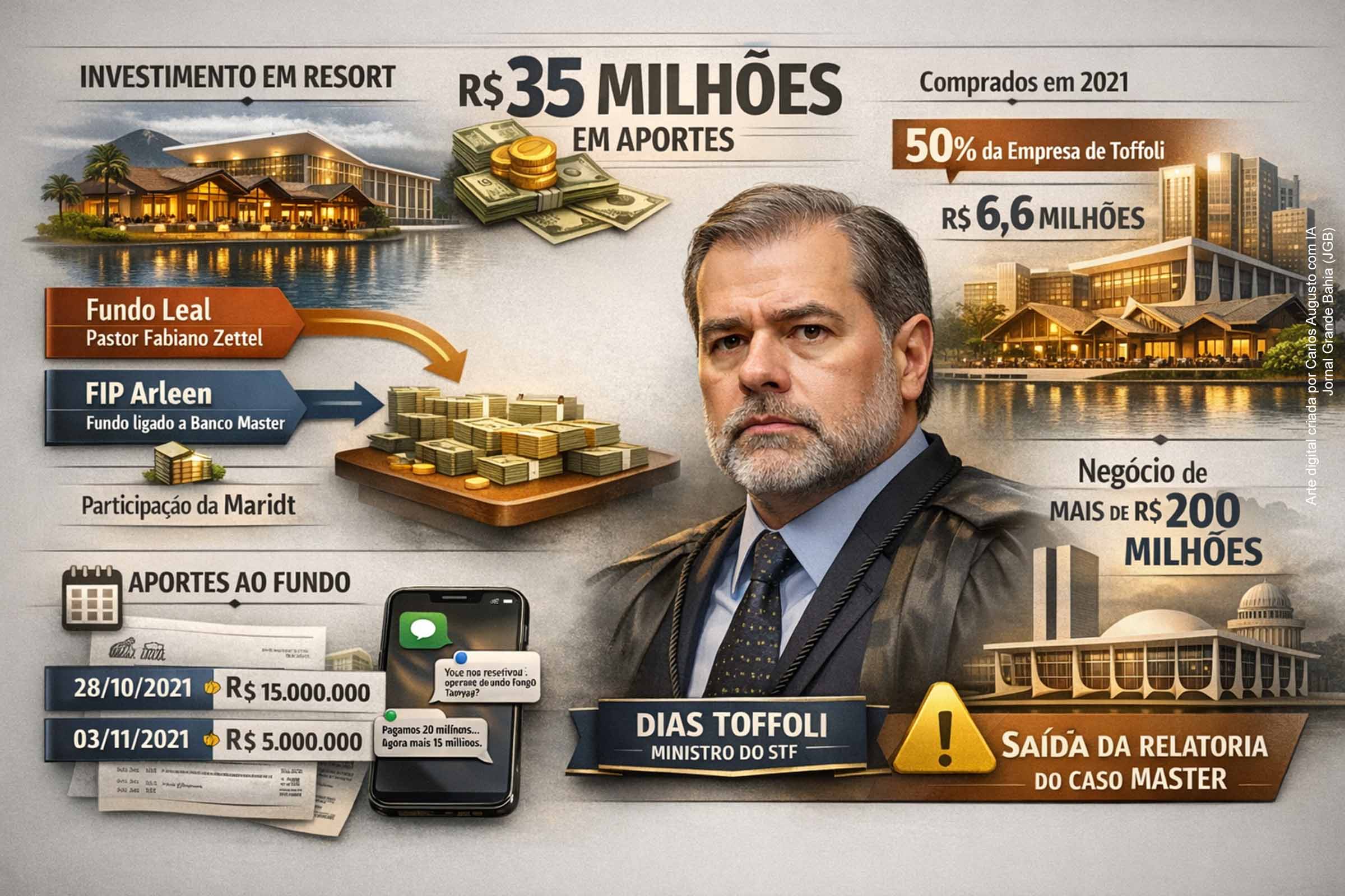 Extratos e mensagens analisados pela Polícia Federal indicam que um fundo ligado ao dono do Banco Master movimentou cerca de R$ 35 milhões em aportes para um resort com participação de empresa associada ao ministro Dias Toffoli. O magistrado nega ter recebido valores ou mantido relação com o banqueiro. A revelação levou à retirada do ministro da relatoria do caso, ampliando a crise institucional e as críticas à postura do STF.
