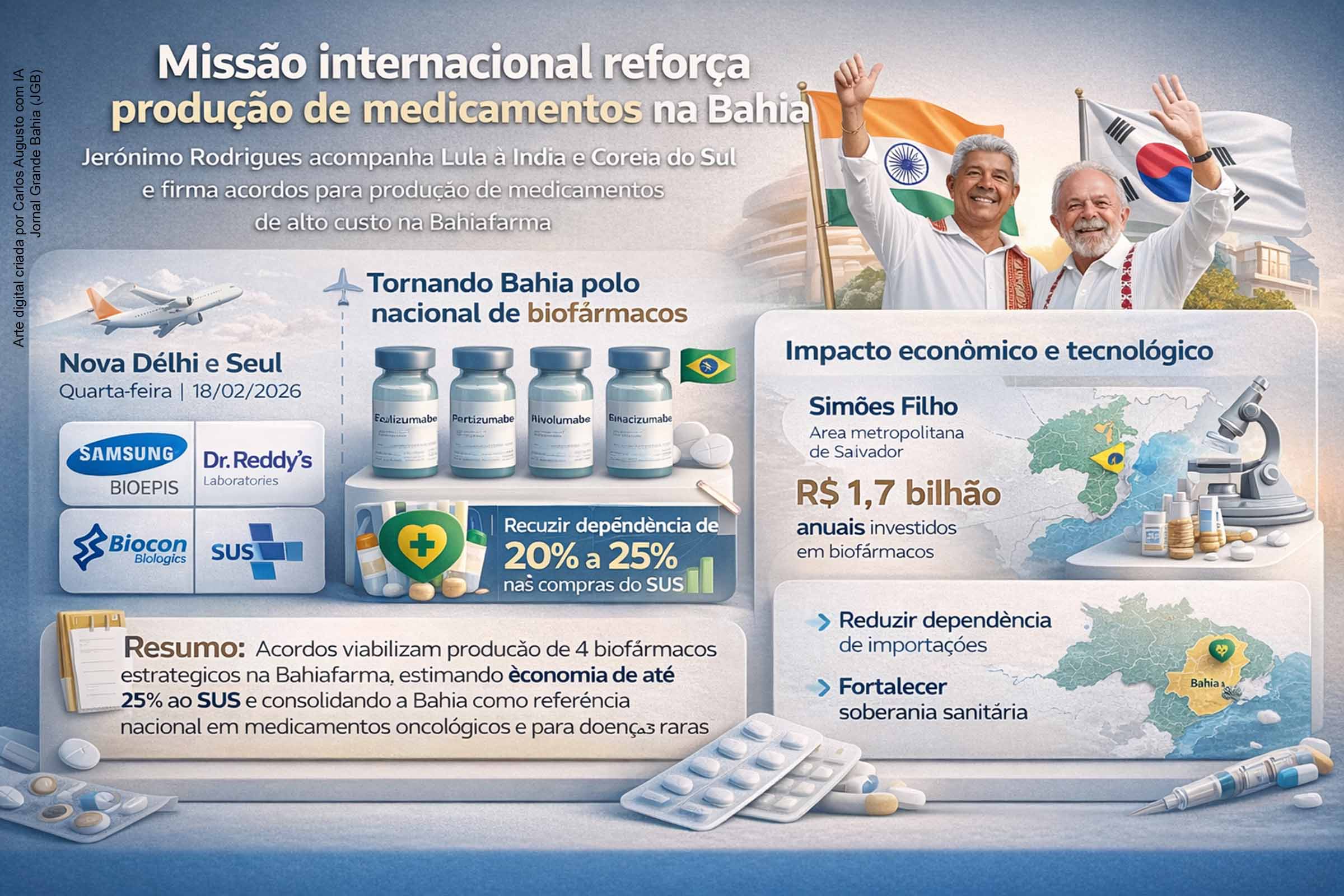 O governador Jerônimo Rodrigues acompanha o presidente Lula à Índia e à Coreia do Sul para firmar acordos que viabilizam a produção de quatro biofármacos estratégicos na Bahiafarma. A iniciativa busca reduzir a dependência de importações, gerar economia estimada de até 25% ao SUS e posicionar a Bahia como polo nacional de medicamentos oncológicos e para doenças raras, fortalecendo a soberania sanitária brasileira.