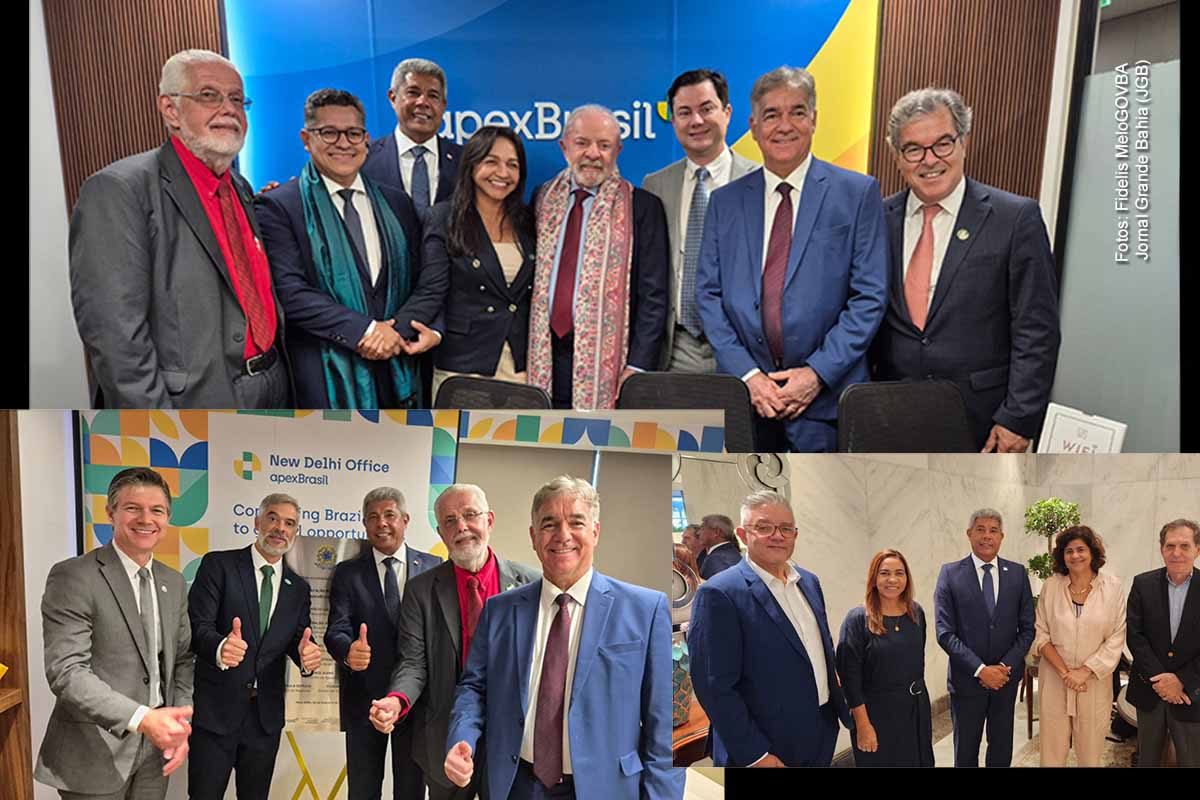O governador Jerônimo Rodrigues participou, ao lado do presidente Lula, da inauguração do Escritório da ApexBrasil em Nova Délhi, na sexta-feira (20/02/2026). A iniciativa visa ampliar exportações brasileiras, incluindo produtos baianos como algodão, cacau e chocolates finos. A agenda incluiu reuniões sobre produção de medicamentos biológicos e participação em evento sobre inteligência artificial, reforçando a estratégia de inserção internacional e diversificação econômica.