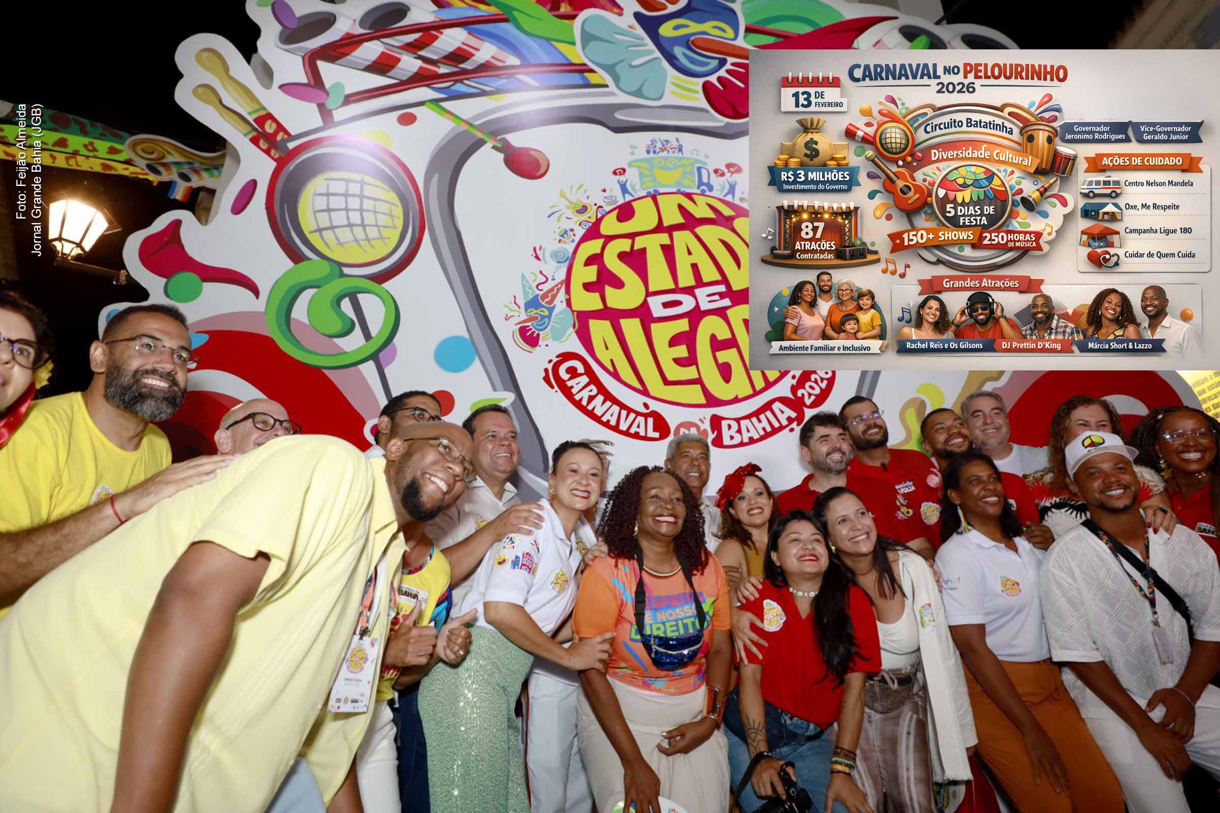 A abertura do Carnaval no Pelourinho, em 13/02/2026, consolidou o circuito Batatinha como espaço cultural, familiar e inclusivo de Salvador. Com investimento superior a R$ 3 milhões, programação diversa e ações de cidadania, o Governo da Bahia reforçou a valorização das tradições culturais, a descentralização da festa e o compromisso com um Carnaval seguro, plural e enraizado na história baiana.