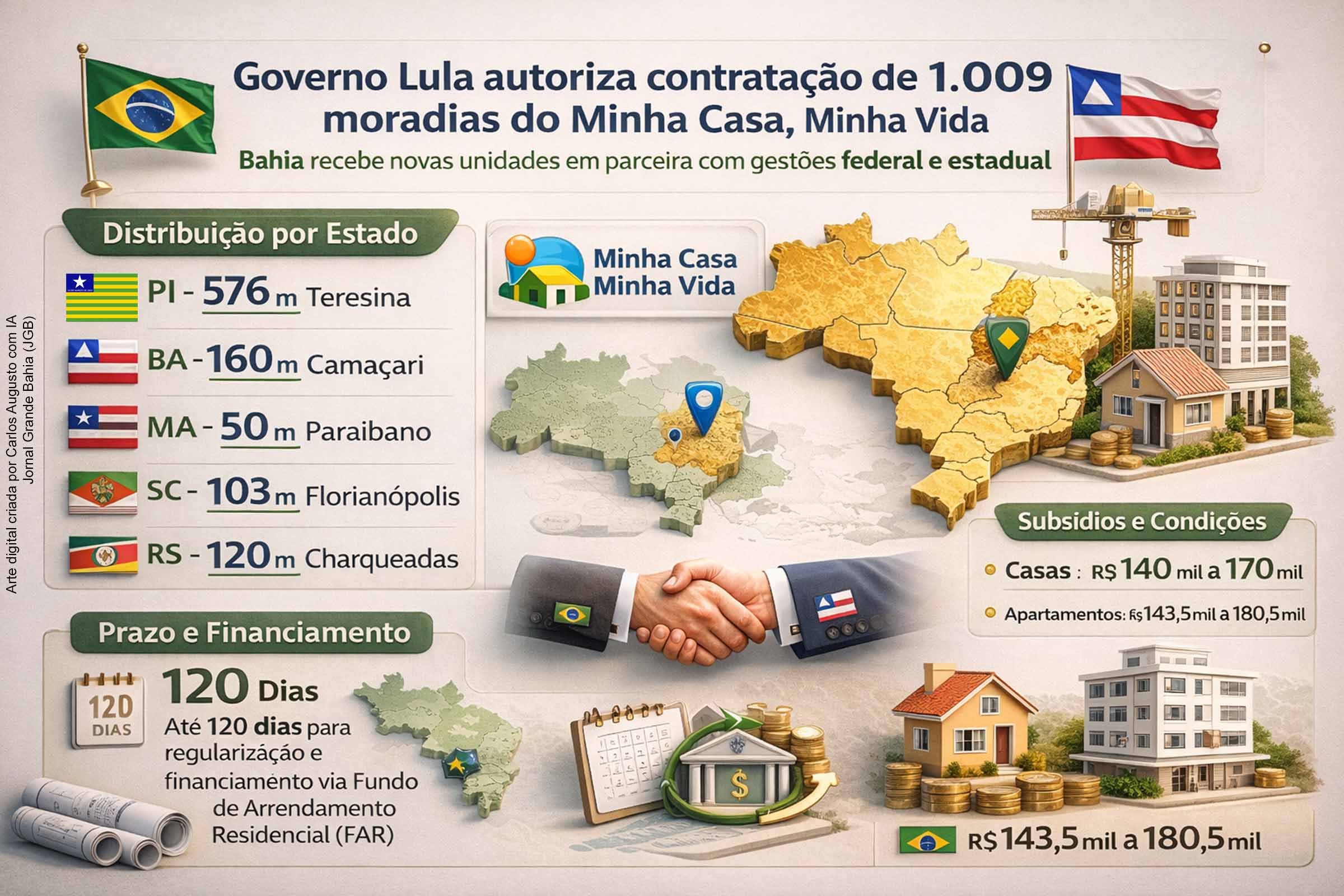 O Governo Federal autorizou a contratação de 1.009 moradias do Minha Casa, Minha Vida em cinco estados. A Bahia será contemplada com 160 unidades em Camaçari, em ação articulada entre os governos Lula e Jerônimo. Os empreendimentos serão financiados pelo Fundo de Arrendamento Residencial, e os proponentes terão até 120 dias para regularizar pendências e iniciar a contratação das obras.