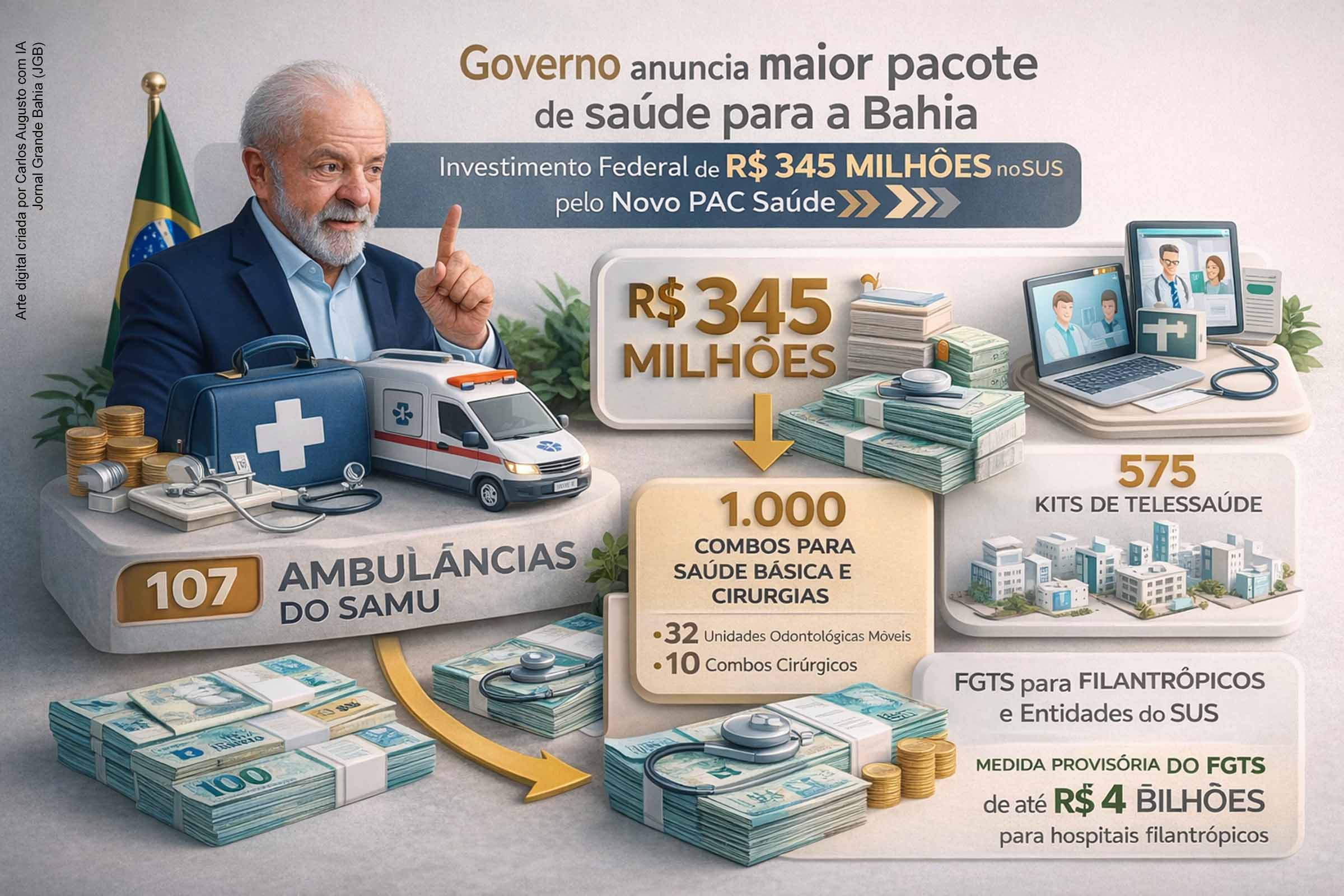 Em Salvador, na sexta-feira (06/02/2026), o Governo Federal anunciou o maior pacote de saúde para a Bahia, com R$ 345 milhões em entregas do Novo PAC Saúde: mais de 1.000 combos para UBS, 10 combos cirúrgicos, 107 ambulâncias do SAMU, 32 unidades odontológicas móveis e 575 kits de telessaúde, além de novas policlínicas e habilitações. Lula também assinou MP para financiar filantrópicos com FGTS.