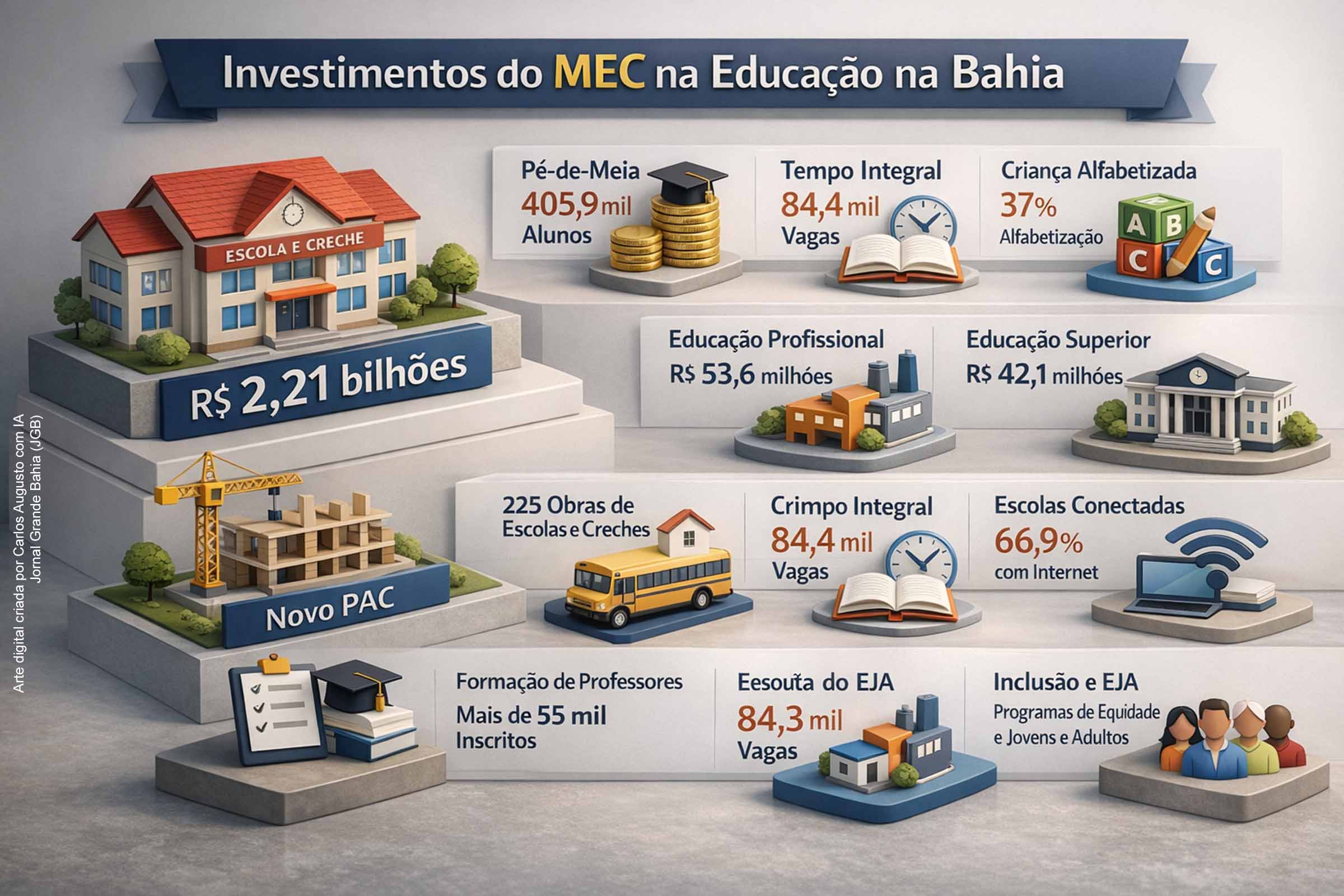 O MEC anunciou investimentos de R$ 2,21 bilhões na educação básica da Bahia, com 225 obras de escolas e creches e aquisição de ônibus escolares. O pacote inclui programas de permanência estudantil, expansão da educação profissional, investimentos em universidades, formação docente e políticas de inclusão. Apesar da abrangência das iniciativas, especialistas apontam que a efetividade dependerá da execução das obras, da continuidade dos recursos e da valorização dos profissionais da educação.