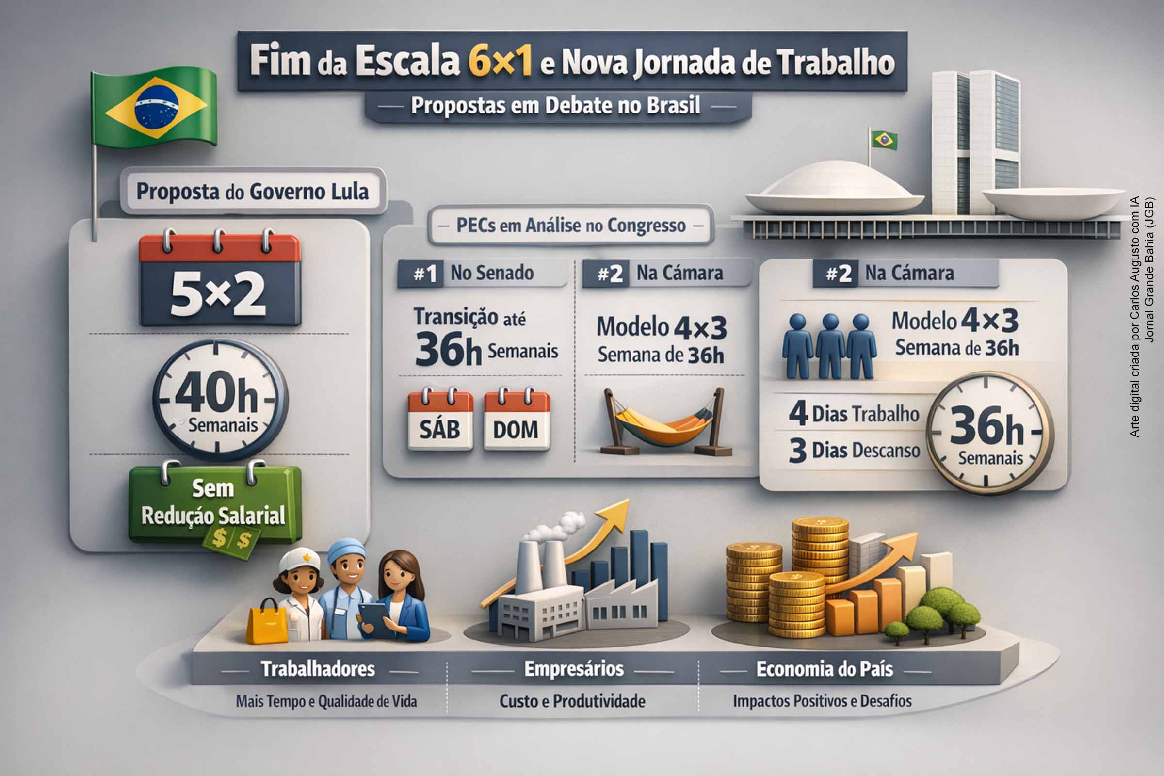 O Governo Lula colocou o fim da escala 6×1 como prioridade em 2026, defendendo jornada máxima de 40 horas semanais e escala 5×2, sem redução salarial. No Congresso, o Senado discute transição até 36 horas, enquanto a Câmara analisa proposta de semana 4×3. Experiências internacionais indicam benefícios potenciais, mas os impactos no Brasil dependerão da transição, da negociação coletiva e da capacidade de adaptação dos setores produtivos.