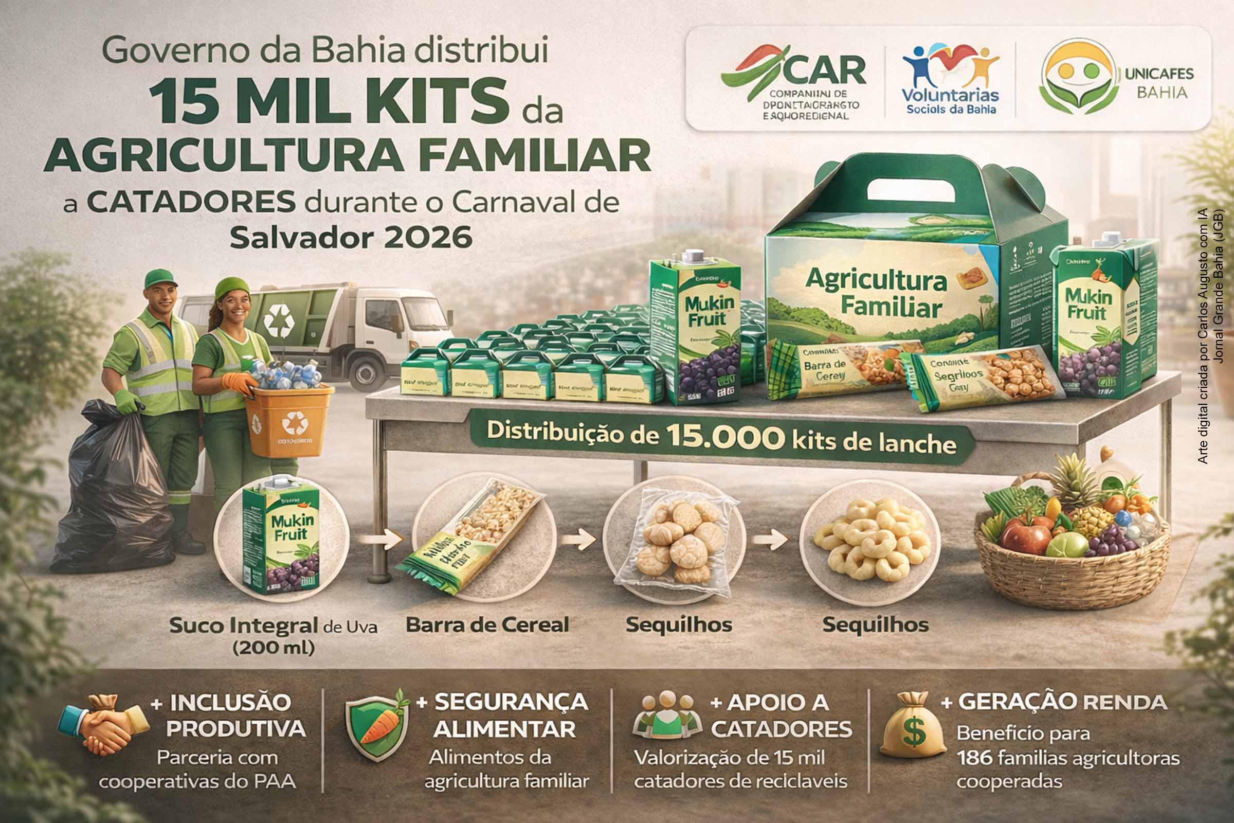 O Governo da Bahia distribuirá 15 mil kits de lanche com produtos da agricultura familiar para catadores e trabalhadores da limpeza urbana durante o Carnaval de Salvador 2026. A ação, coordenada pela CAR e pelas Voluntárias Sociais, envolve cooperativas rurais beneficiárias do PAA e busca integrar segurança alimentar, inclusão produtiva e valorização dos trabalhadores essenciais para a festa.