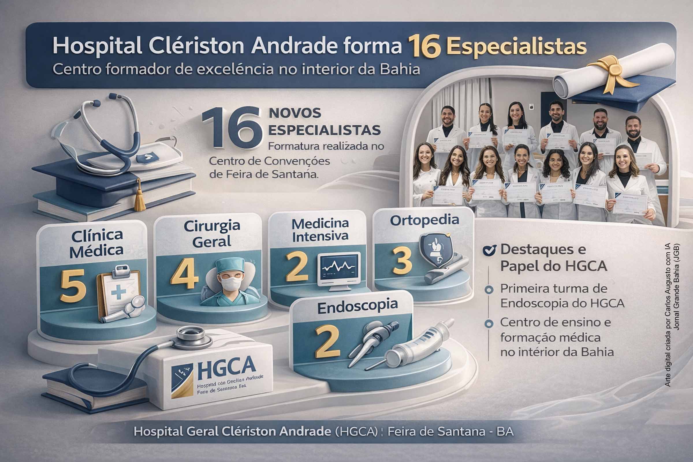 O Hospital Geral Clériston Andrade formou 16 novos especialistas em cerimônia realizada em 05/02/2026, em Feira de Santana. A solenidade marcou também a primeira turma de Endoscopia do hospital. Autoridades destacaram o papel da unidade na formação médica e na interiorização do ensino em saúde. O evento reforçou a posição do HGCA como referência regional em assistência e qualificação profissional.