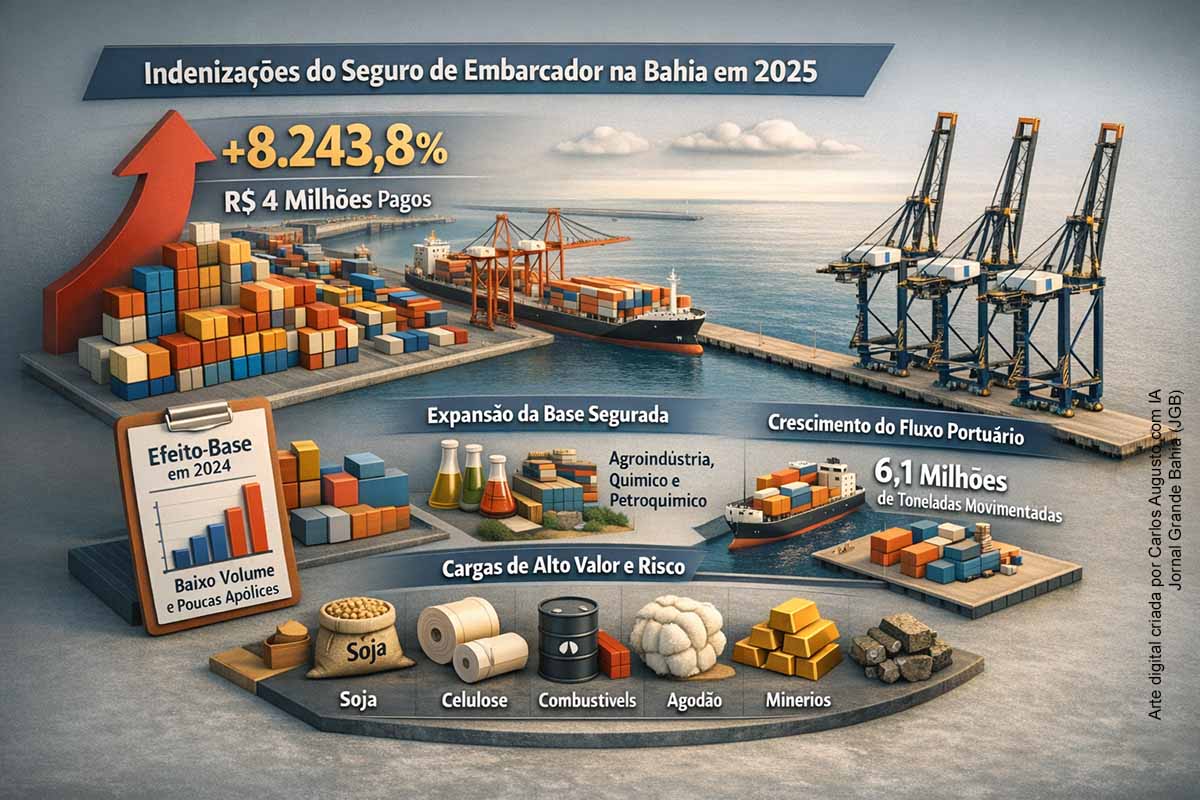 Indenizações do seguro de embarcador disparam 8.243,8% na Bahia em 2025, impulsionadas por exportações e efeito-base