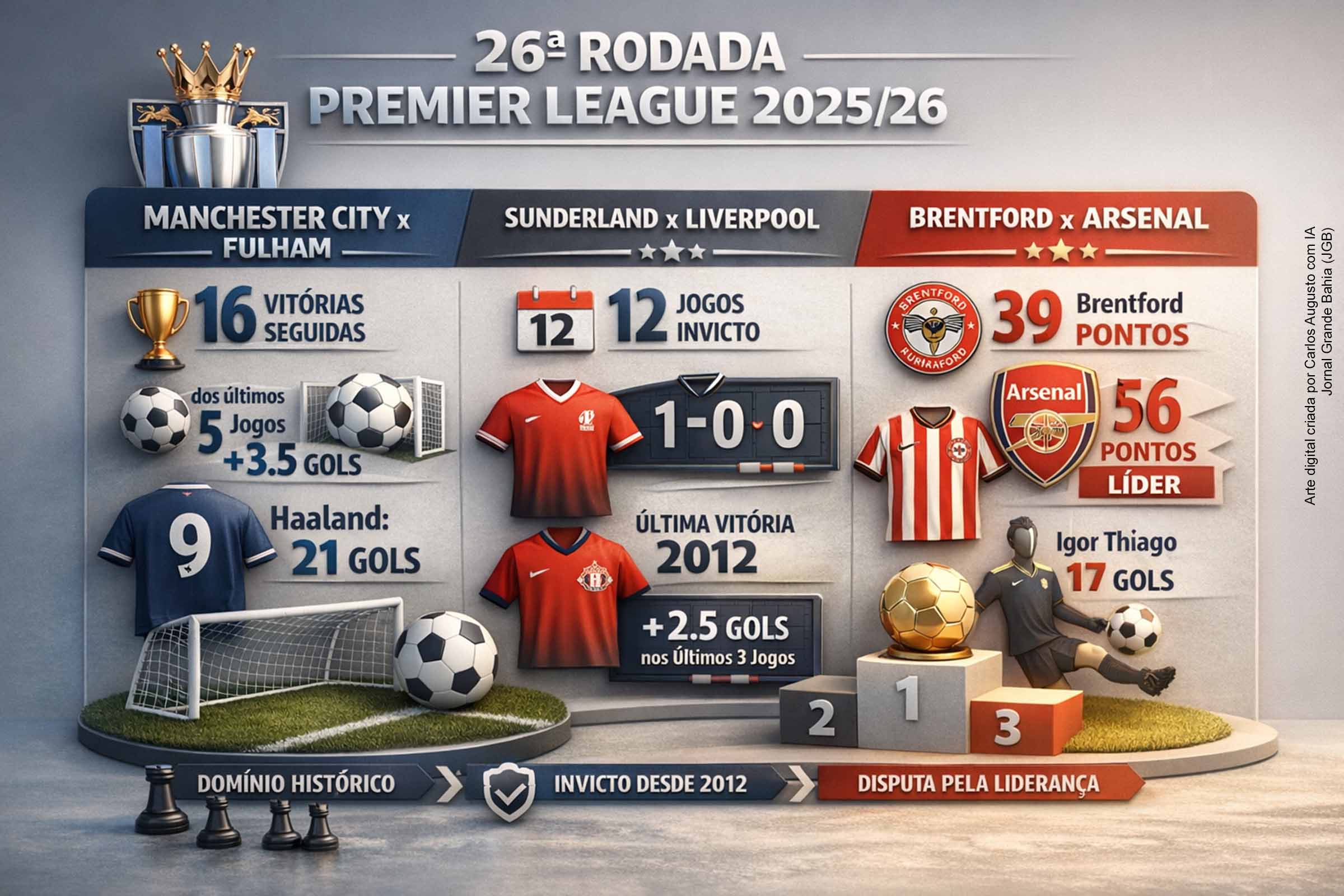 A 26ª rodada da Premier League 2025/26 reúne confrontos com cenários distintos. O Manchester City tenta ampliar sequência dominante sobre o Fulham, o Liverpool defende invencibilidade histórica diante do Sunderland, e o líder Arsenal enfrenta o Brentford, que vive boa fase. Os dados indicam tendência de jogos abertos, com impacto direto na disputa por posições europeias e na liderança da competição.