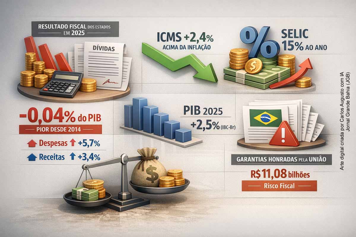 Em 2025, os estados brasileiros registraram superávit de 0,04% do PIB, o pior resultado desde 2014, em meio ao quarto ano seguido de deterioração fiscal. O ICMS cresceu apenas 2,4% acima da inflação, enquanto despesas avançaram acima das receitas. A Selic em 15% atuou como freio da atividade e, ao mesmo tempo, elevou receitas financeiras temporárias para estados com caixa. Garantias honradas pela União em 2025 somaram R$ 11,08 bilhões.