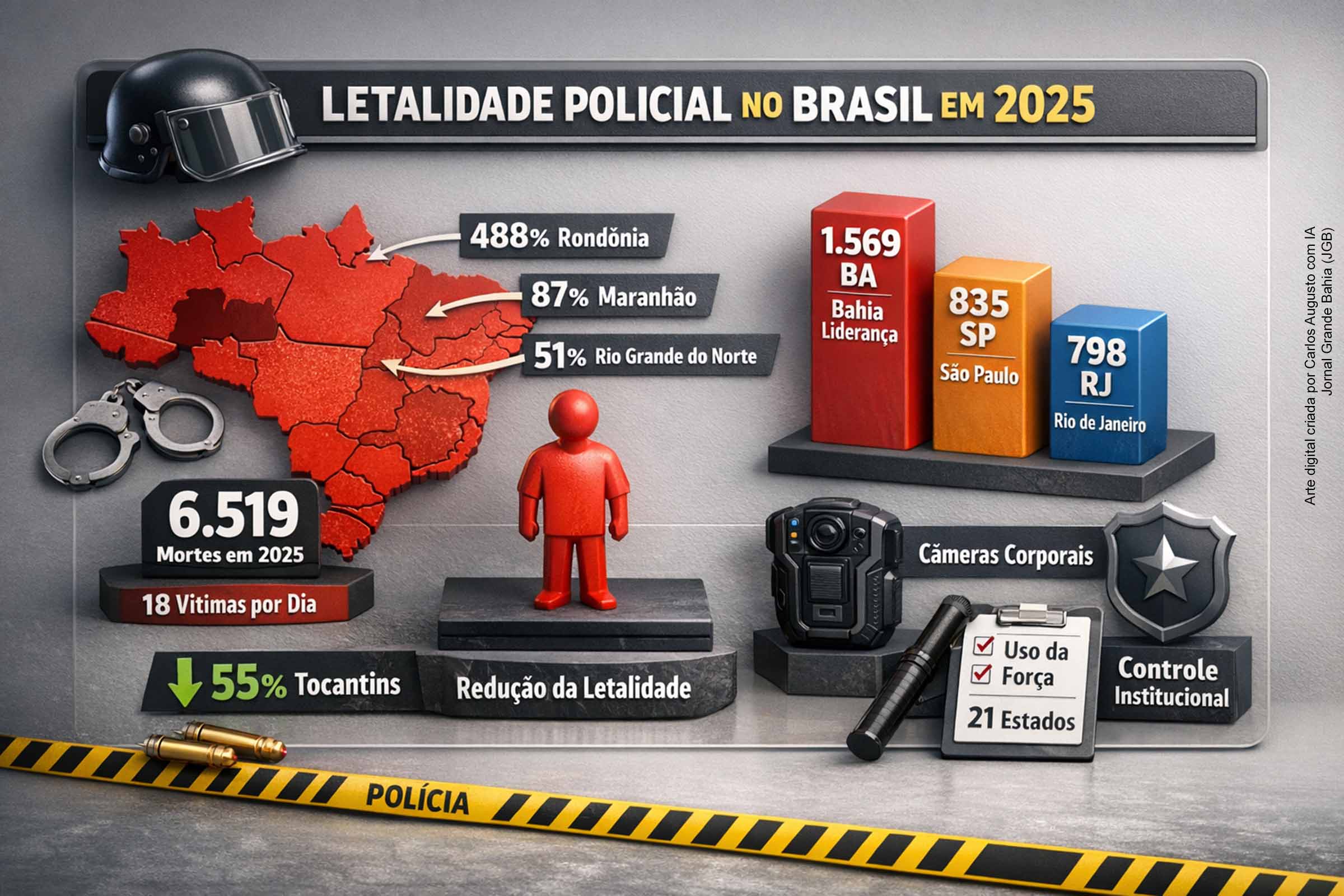 O Brasil registrou 6.519 mortes em ações policiais em 2025, com aumento em 17 estados e média de 18 vítimas por dia. Rondônia, Maranhão e Rio Grande do Norte lideraram as altas percentuais, enquanto a Bahia manteve o maior número absoluto de casos. Especialistas apontam falhas de controle institucional, e o governo federal aposta em câmeras corporais e protocolos de uso da força para conter a escalada.