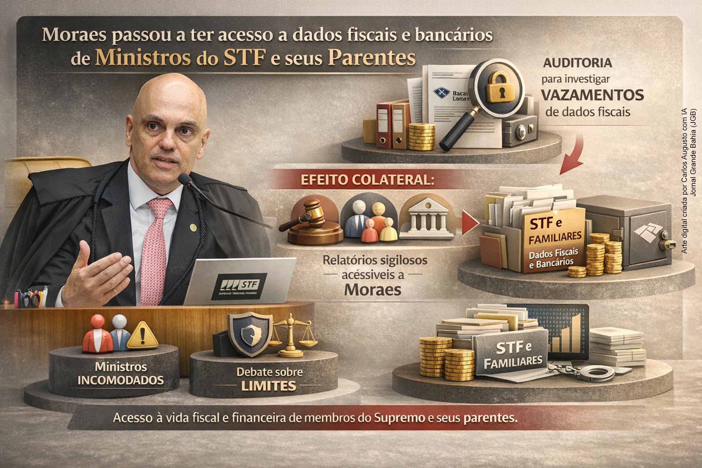 A auditoria determinada por Alexandre de Moraes para apurar vazamentos de dados fiscais de ministros do STF produziu um efeito colateral: o acesso, no inquérito, a relatórios com informações fiscais e bancárias de integrantes da Corte e familiares. A investigação identificou acessos considerados ilícitos e levou à operação da Polícia Federal contra servidores. O caso gerou divisão interna no Supremo e debate sobre limites institucionais.