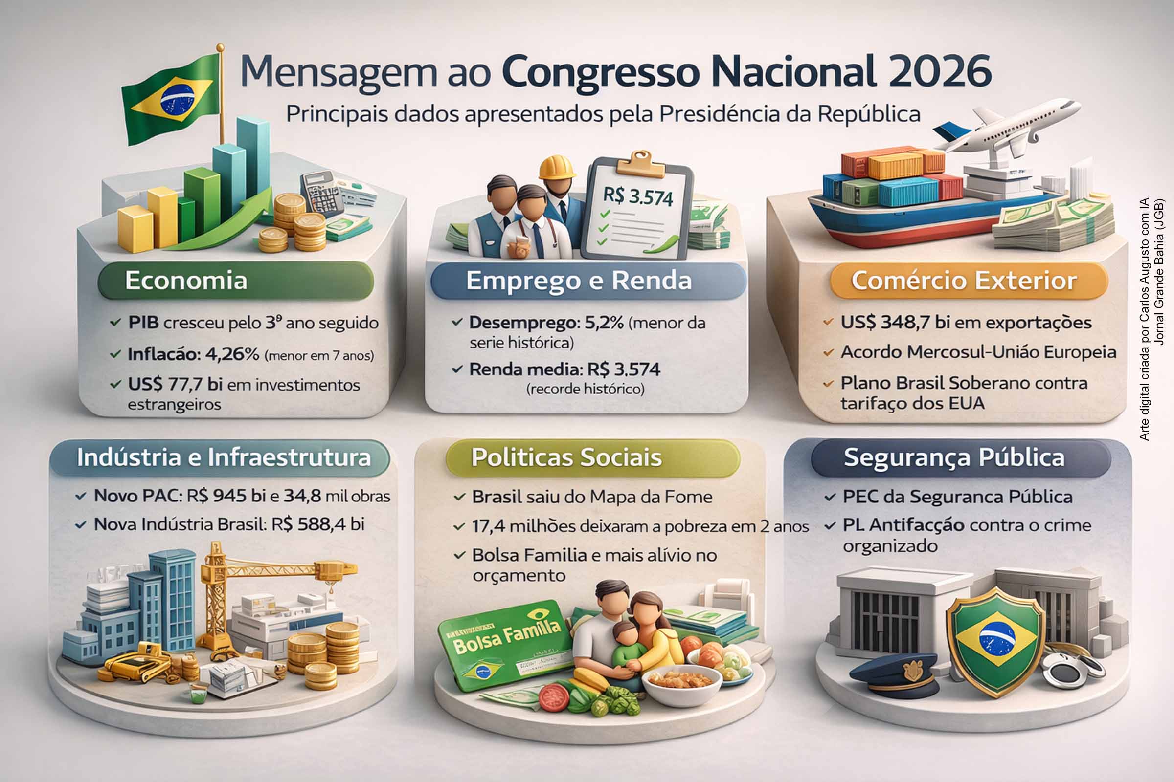 A Mensagem ao Congresso Nacional 2026 apresenta um balanço positivo de 2025, destacando crescimento econômico, controle da inflação, redução do desemprego e avanços sociais. Para 2026, o governo lista prioridades como combate ao crime organizado, regulação do trabalho, proteção às mulheres, alívio no orçamento das famílias, fortalecimento da indústria, investimentos em infraestrutura e ampliação da inserção internacional, reforçando o discurso de desenvolvimento com justiça social.