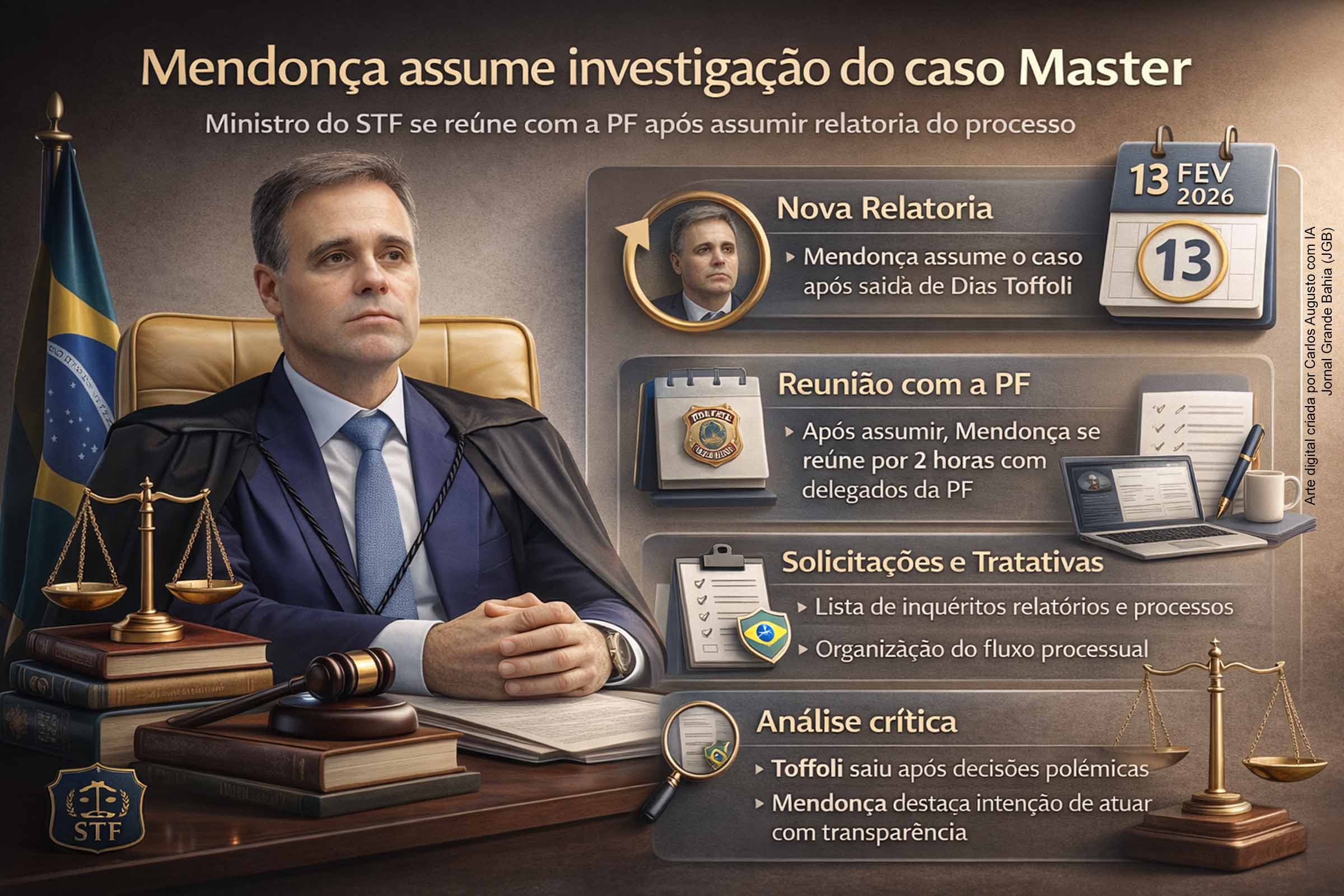 Na sexta-feira (13/02/2026), o ministro André Mendonça se reuniu por duas horas com delegados da Polícia Federal após assumir a relatoria do caso Master no STF. O encontro teve caráter técnico e serviu para alinhamento de procedimentos e levantamento de inquéritos relacionados ao caso. Mendonça substituiu Dias Toffoli, que deixou a função após decisões polêmicas e revelações sobre vínculos com investigados.