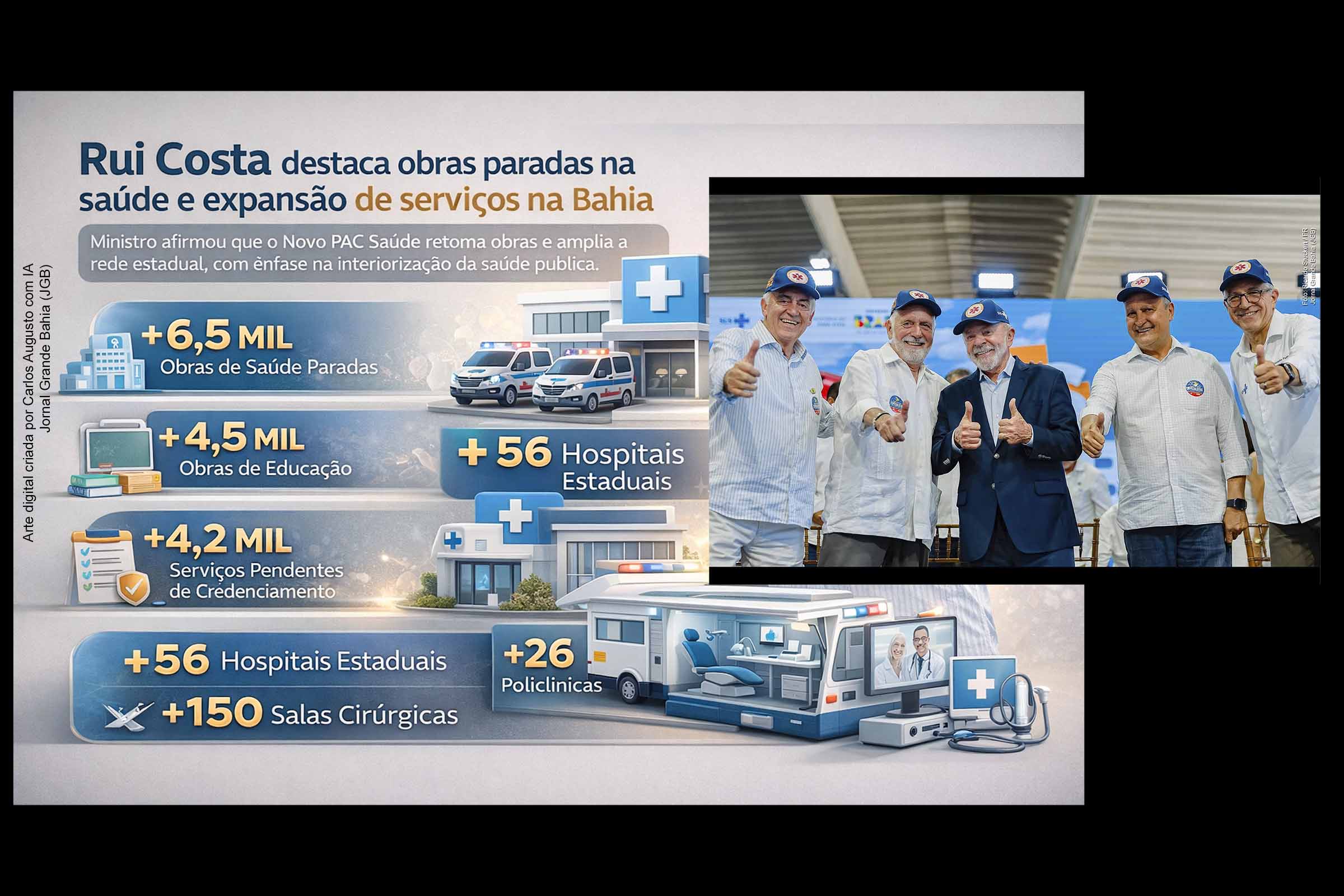 Em 06/02/2026, em Salvador, o ministro Rui Costa afirmou que as novas ações do Novo PAC Saúde reforçam a capilaridade do SUS e o apoio a municípios com baixa arrecadação. Ele citou 6,5 mil obras de saúde e 4,5 mil de educação paralisadas em janeiro de 2023, além de 4,2 mil serviços pendentes de credenciamento. Rui destacou a expansão da rede estadual, com 56 hospitais e 26 policlínicas, e defendeu interiorização da alta complexidade.