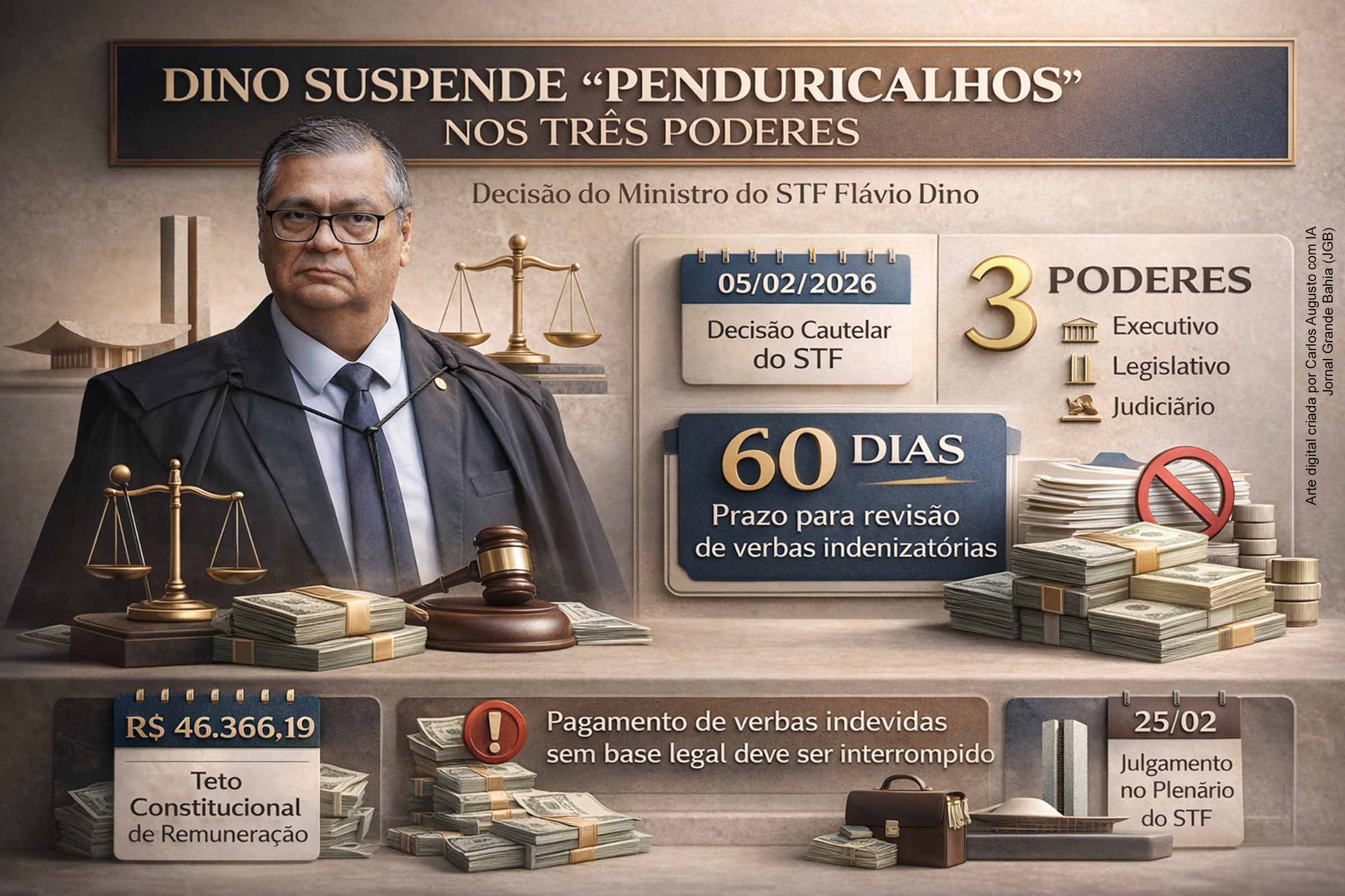 O ministro Flávio Dino determinou a suspensão de “penduricalhos” nos Três Poderes e fixou prazo de 60 dias para revisão de verbas indenizatórias sem base legal, reforçando o teto constitucional de R$ 46.366,19. A decisão, de caráter cautelar, será julgada pelo plenário do STF em 25 de fevereiro. Sindicatos reagiram com apoio e críticas, e o debate sobre supersalários e exceções legais voltou ao centro da agenda política e fiscal.