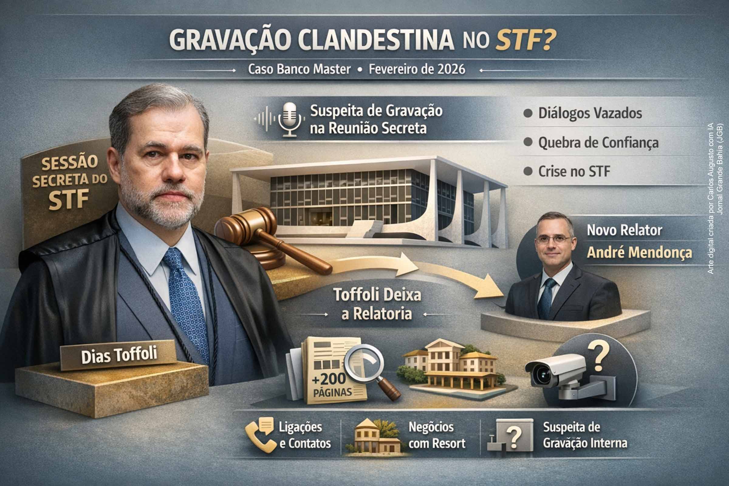 Ministros do STF suspeitam que foram gravados clandestinamente durante sessão secreta que discutiu a saída de Dias Toffoli da relatoria do caso Banco Master. A divulgação de falas atribuídas aos magistrados gerou desconforto e crise de confiança interna. Toffoli nega ter feito qualquer registro. O processo foi redistribuído ao ministro André Mendonça após apresentação de relatório da Polícia Federal com indícios de relações entre o ministro e o banqueiro investigado.