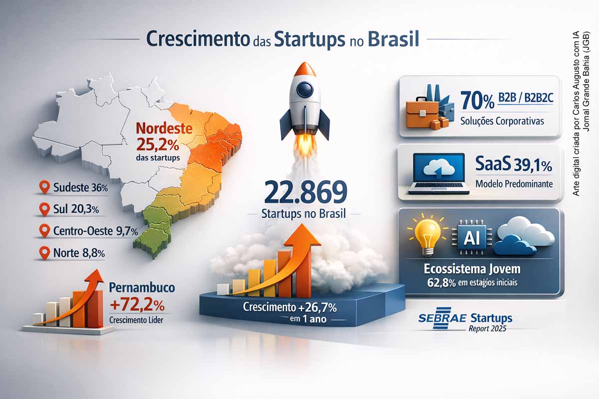O Sebrae Startups Report Brasil 2025 revela forte expansão do ecossistema de inovação no país, com 22.869 startups mapeadas e crescimento de 26,7% em um ano. O Nordeste já concentra 25,2% das empresas, tornando-se o segundo maior polo nacional. Pernambuco lidera crescimento estadual, enquanto cidades como Recife, Fortaleza e Teresina ganham protagonismo. O setor é majoritariamente jovem, com forte presença de SaaS, inteligência artificial e soluções B2B.