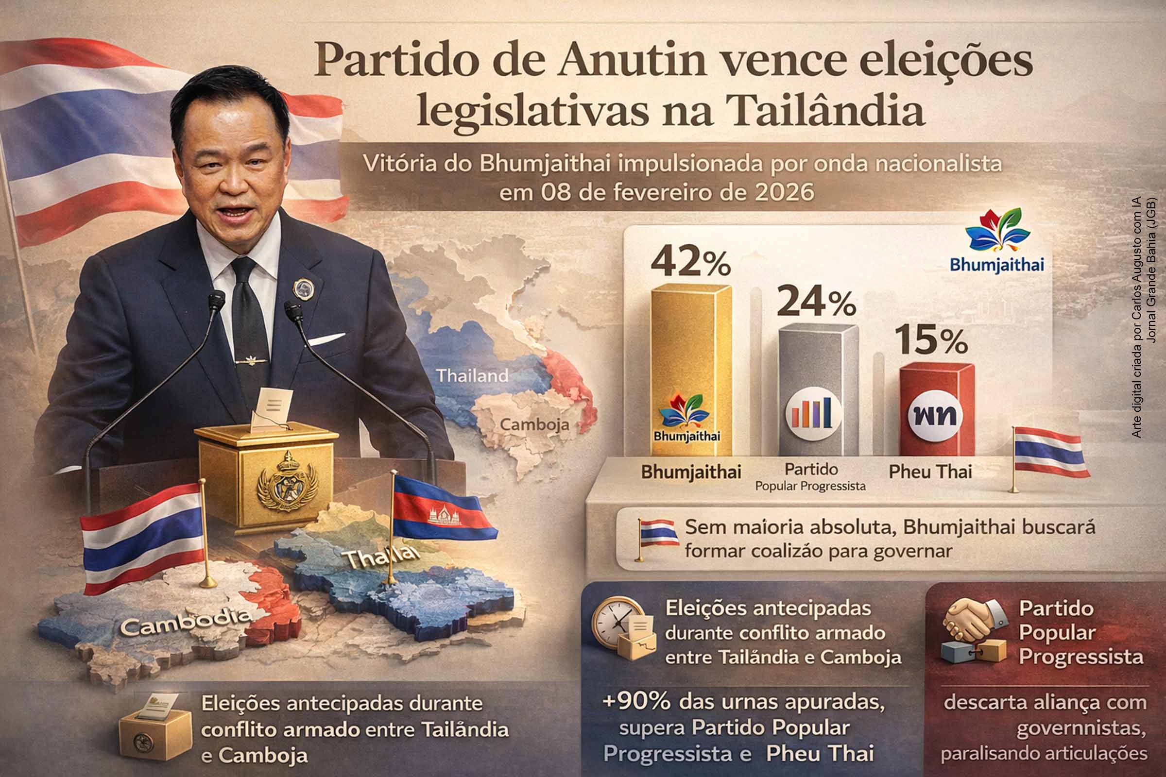 O partido Bhumjaithai, do primeiro-ministro Anutin Charnvirakul, venceu as eleições legislativas na Tailândia realizadas em 08/02/2026, impulsionado por uma onda nacionalista em meio ao conflito com o Camboja. Apesar da ampla vantagem, a legenda não deve obter maioria absoluta e terá de negociar alianças para governar. O resultado pode trazer maior estabilidade política, mas o cenário parlamentar fragmentado indica desafios para a formação de coalizão duradoura.