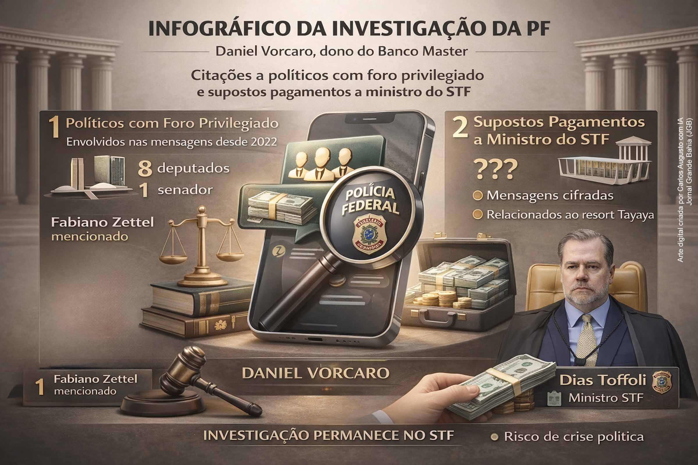 PF encontra menções a políticos e supostos pagamentos a ministro em celular de dono do Banco Master; caso permanece no STF