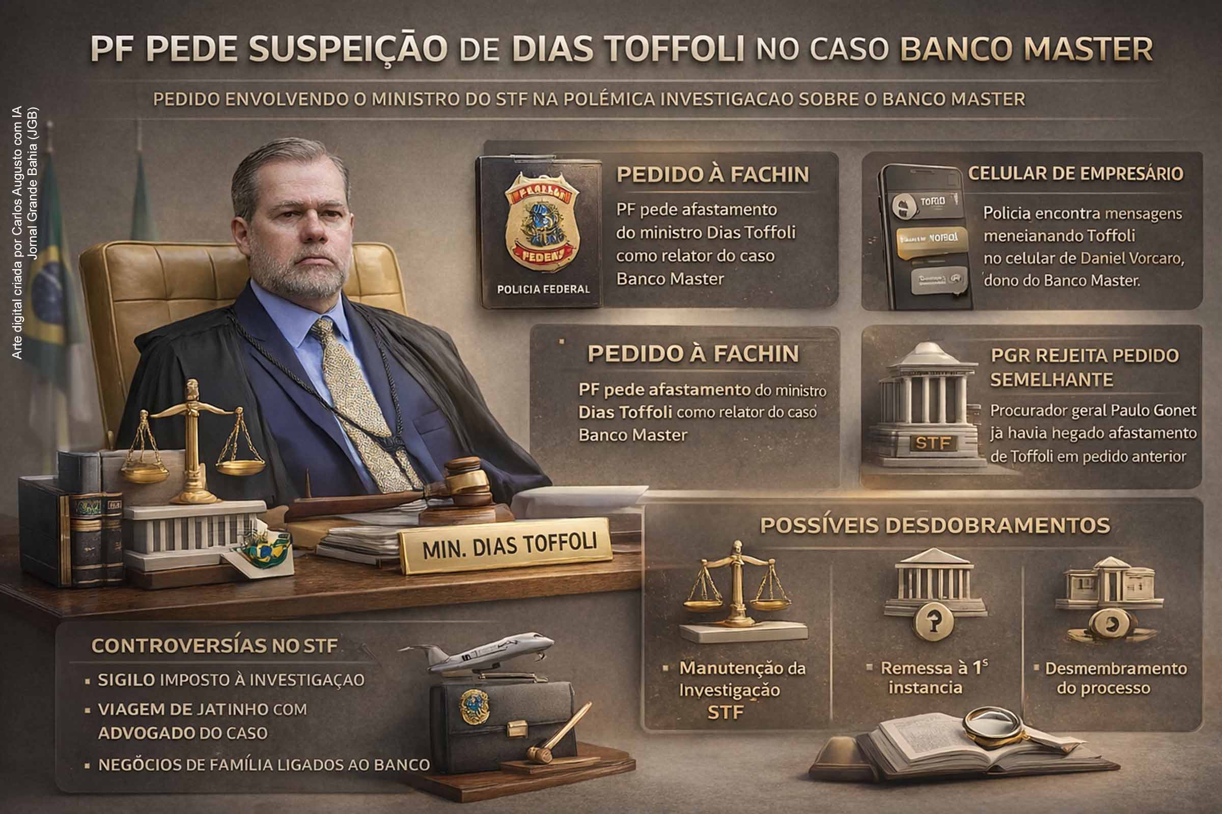 PF pede suspeição do ministro do STF Dias Toffoli no caso Banco Master após mensagens encontradas em celular de empresário