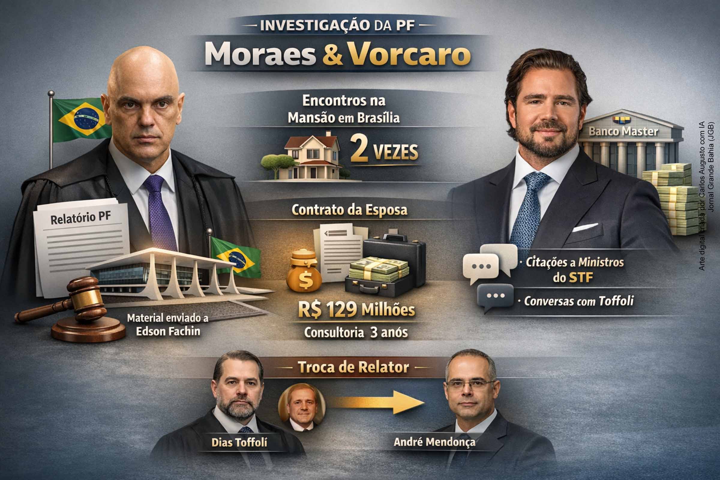 A Polícia Federal prepara relatório com menções ao ministro Alexandre de Moraes no celular do empresário Daniel Vorcaro, controlador do Banco Master. O documento segue o modelo aplicado ao caso de Dias Toffoli, que deixou a relatoria após ser citado em mensagens. As investigações envolvem encontros, contratos de consultoria milionários e possíveis conexões institucionais, em um contexto de crescente tensão interna no Supremo Tribunal Federal.