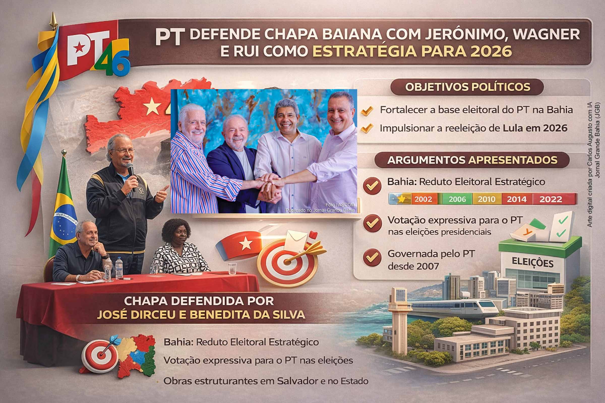 Durante evento pelos 46 anos do PT em Salvador, José Dirceu e Benedita da Silva defenderam a formação de uma chapa com Jerônimo Rodrigues à reeleição e Jaques Wagner e Rui Costa ao Senado. Segundo as lideranças, a composição é estratégica para a reeleição de Lula em 2026, diante do peso eleitoral da Bahia e da trajetória administrativa do partido no estado.