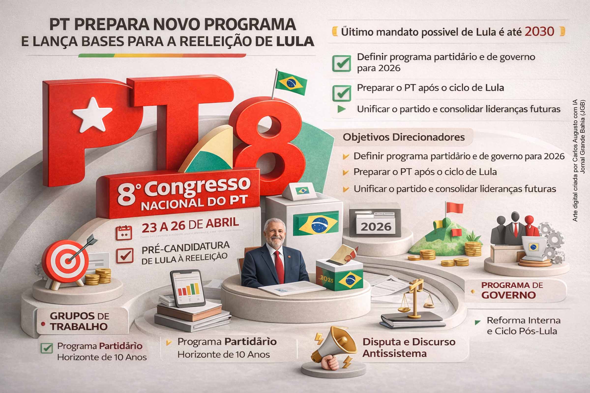 O PT prepara o 8º Congresso Nacional, em abril de 2026, para lançar a pré-candidatura de Lula à reeleição e aprovar um novo programa partidário e de governo. O processo envolve grupos de trabalho sobre estratégia eleitoral, reformas internas e propostas para a próxima década. A direção do partido reconhece divisões internas e debate o futuro político após o ciclo de Lula.