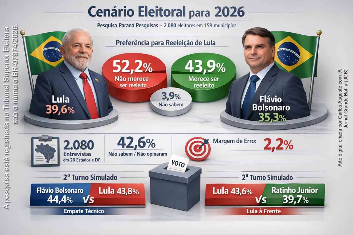 Pesquisa nacional do Instituto Paraná Pesquisas realizada em fevereiro de 2026 indica liderança de Lula em cenários estimulados para a eleição presidencial, enquanto Flávio Bolsonaro aparece como principal adversário competitivo. O levantamento mostra empate técnico entre os dois em eventual segundo turno e aponta que 52,2% dos eleitores afirmam que Lula não merece ser reeleito. A pesquisa ouviu 2.080 eleitores em todo o país.