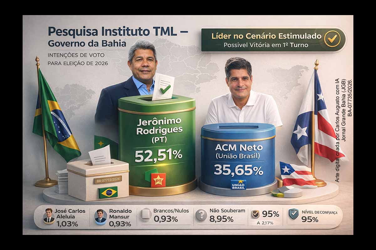 Pesquisa realizada pelo Instituto TML e divulgada em 24 de fevereiro de 2026 indica o governador Jerônimo Rodrigues com 52,51% das intenções de voto para o Governo da Bahia, contra 35,65% de ACM Neto. Em cenário direto entre os dois, Jerônimo alcança 54,24%. O levantamento foi realizado entre 18 e 21 de fevereiro, com margem de erro de 2,17 pontos percentuais. Após a divulgação, o presidente do PT na Bahia, Tássio Brito, atribuiu o resultado às políticas públicas e à continuidade do projeto político iniciado em 2007 no estado.