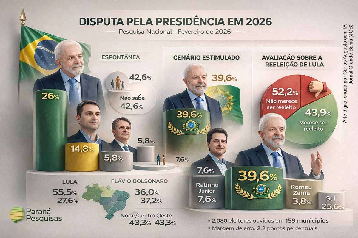 Pesquisa nacional do Instituto Paraná Pesquisas indica que Lula lidera os cenários de intenção de voto para a eleição presidencial de 2026, com cerca de 40%. O deputado Flávio Bolsonaro aparece como principal adversário e reduz a distância, chegando a empate técnico em simulações de segundo turno. O levantamento revela polarização eleitoral persistente, divisão regional do voto e ambiente político competitivo para a próxima disputa presidencial.