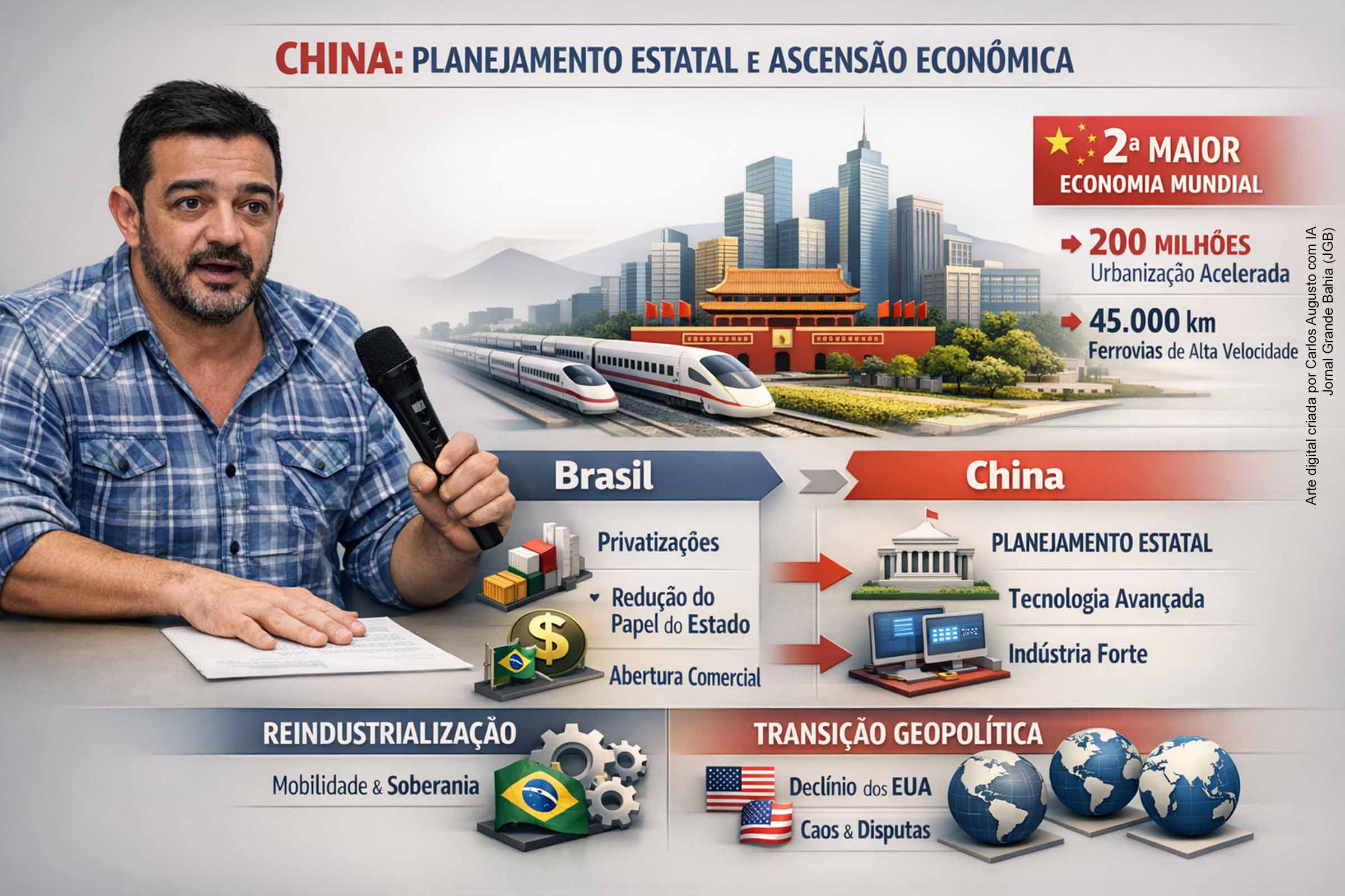 O pesquisador Elias Jabbour afirma que a China se tornou a segunda maior economia mundial ao manter forte planejamento estatal e rejeitar a cartilha liberal aplicada em países como o Brasil. Em novo livro, ele defende a reindustrialização brasileira e analisa a transição geopolítica para uma ordem multipolar, marcada por disputas entre grandes potências e pelo crescimento do peso econômico e tecnológico chinês.