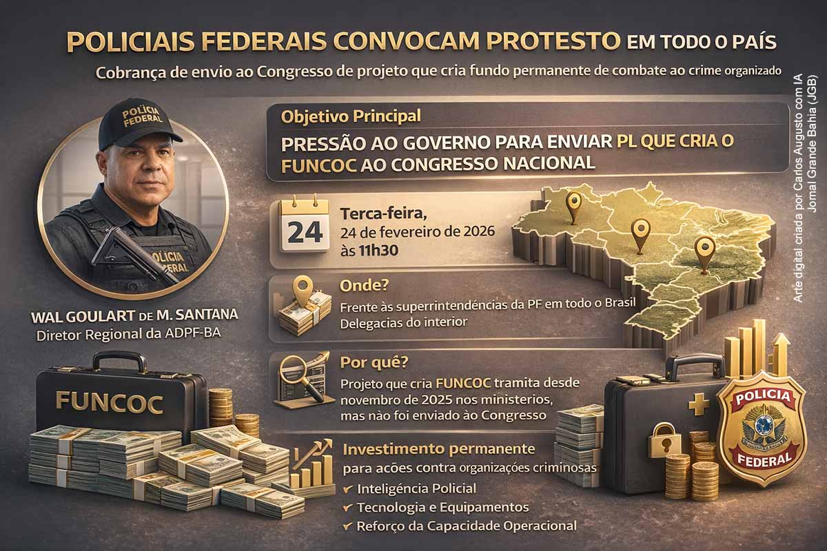 Policiais federais convocaram um protesto nacional para terça-feira (24/02/2026) em frente às superintendências da Polícia Federal e delegacias do interior. Na Bahia, a manifestação ocorrerá às 11h30 em Salvador. O objetivo é pressionar o governo federal a enviar ao Congresso o projeto que cria o FUNCOC, fundo destinado ao financiamento permanente das ações de combate ao crime organizado, incluindo investimentos em inteligência, tecnologia e estrutura operacional.