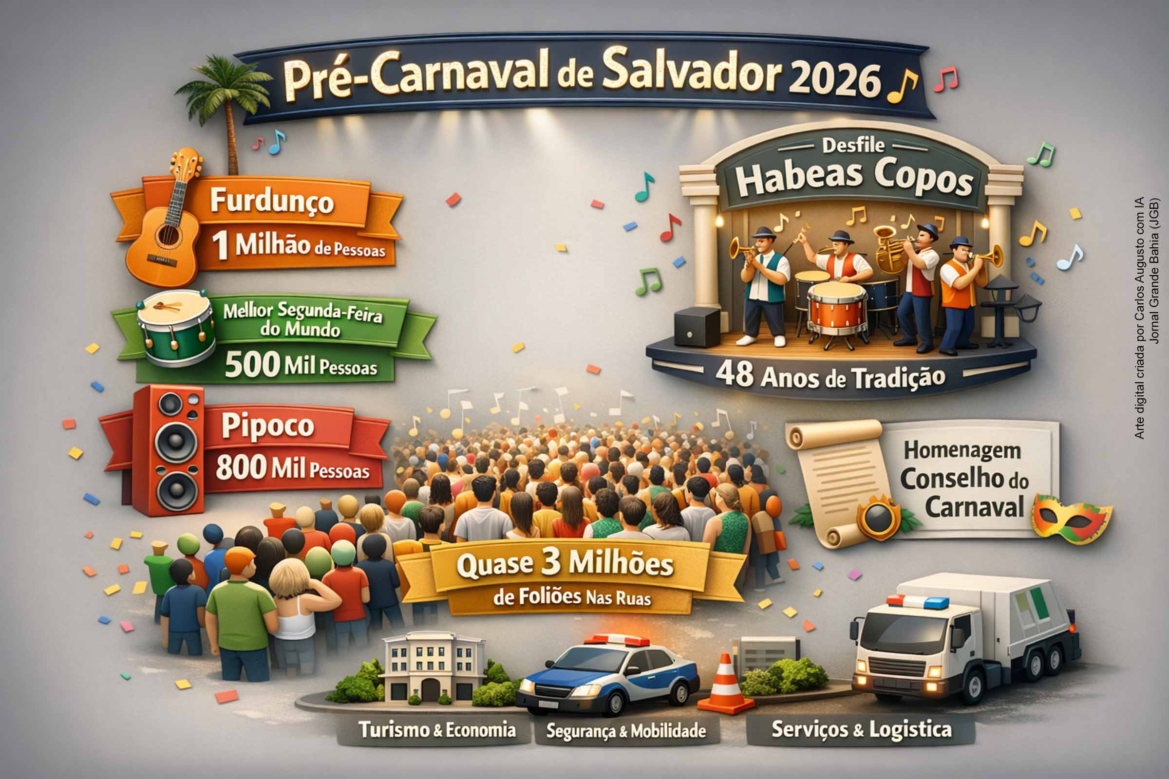 Foliões acompanham o desfile do Habeas Copos no circuito da Barra, na quarta-feira (11/02/2026), evento que marcou o encerramento da programação do pré-Carnaval de Salvador.