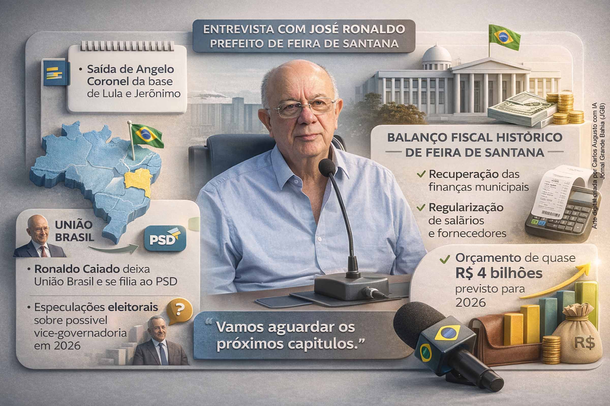 Em entrevista nesta segunda-feira (02/02/2026), o prefeito José Ronaldo analisou a reconfiguração política nacional, comentou a movimentação de Angelo Coronel e a saída de Ronaldo Caiado do União Brasil, avaliou a postura partidária frente ao governo Lula e evitou especulações eleitorais. O gestor destacou a recuperação das finanças de Feira de Santana, a regularização de pagamentos e a projeção de um orçamento histórico em 2026, adotando cautela quanto à contratação de novos empréstimos.