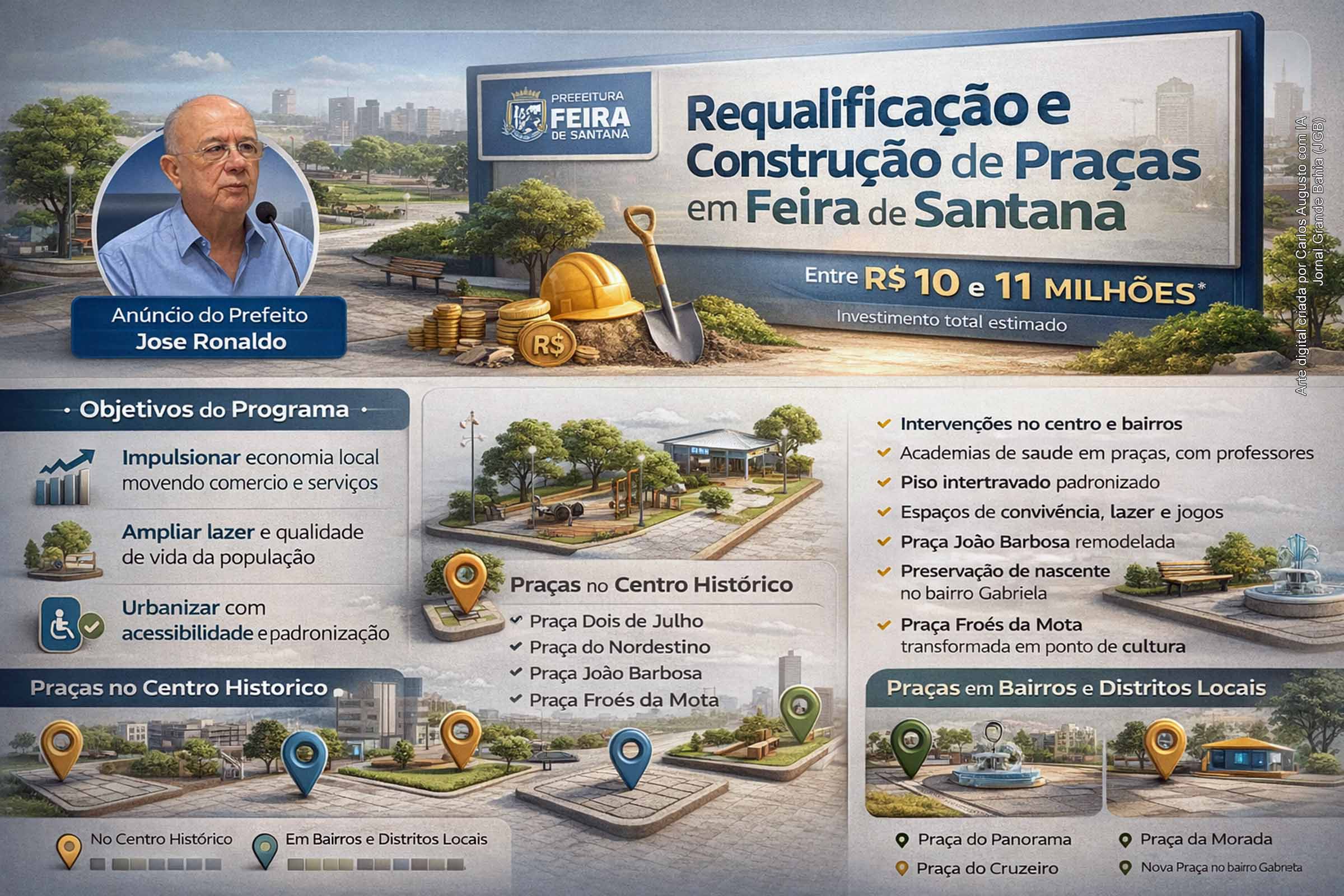 Prefeito José Ronaldo anuncia licitação de até R$ 11 milhões para construção e requalificação de 10 praças de Feira de Santana