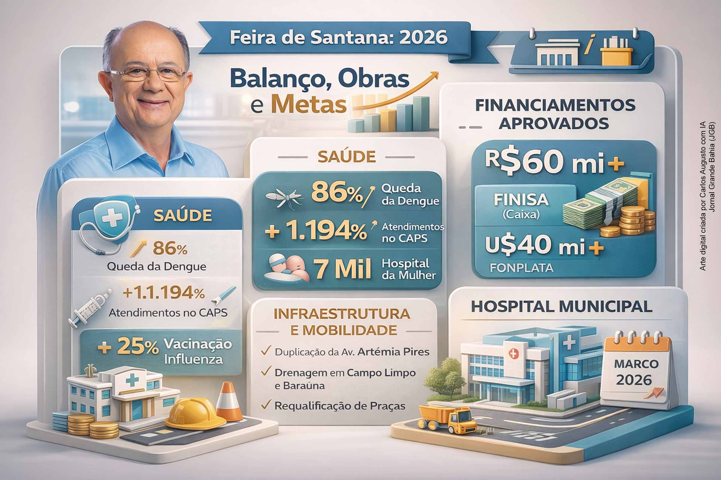 Na abertura do Ano Legislativo de 2026 na Feira de Santana, o prefeito José Ronaldo apresentou balanço de 2025 e metas para 2026, destacando indicadores de saúde, ampliação de atendimentos, vacinação e projetos como CAPS 3 24 horas, clínica de diabetes e hospital municipal. O gestor agradeceu à Câmara pela aprovação de financiamentos (FINISA e Fonplata), listou obras de drenagem, mobilidade e requalificação urbana e defendeu planejamento técnico como base para captar recursos.