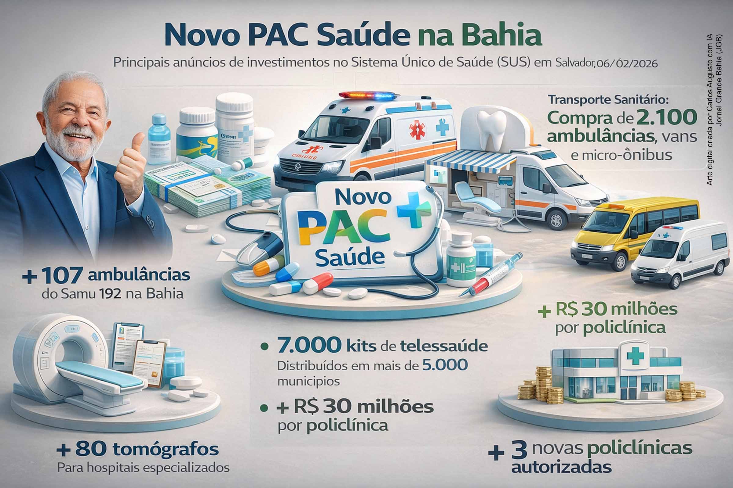 Em Salvador, nesta sexta-feira (06/02/2026), Lula participou do anúncio de novas ações do Novo PAC Saúde e de entregas ao SUS, com destaque para 107 ambulâncias do Samu 192 destinadas à Bahia, além de unidades odontológicas móveis, kits de telessaúde e equipamentos para atenção primária. No evento, o governo assinou atos para compra de tomógrafos e veículos de transporte sanitário e autorizou licitações de policlínicas, ao lado de ministros e lideranças baianas.