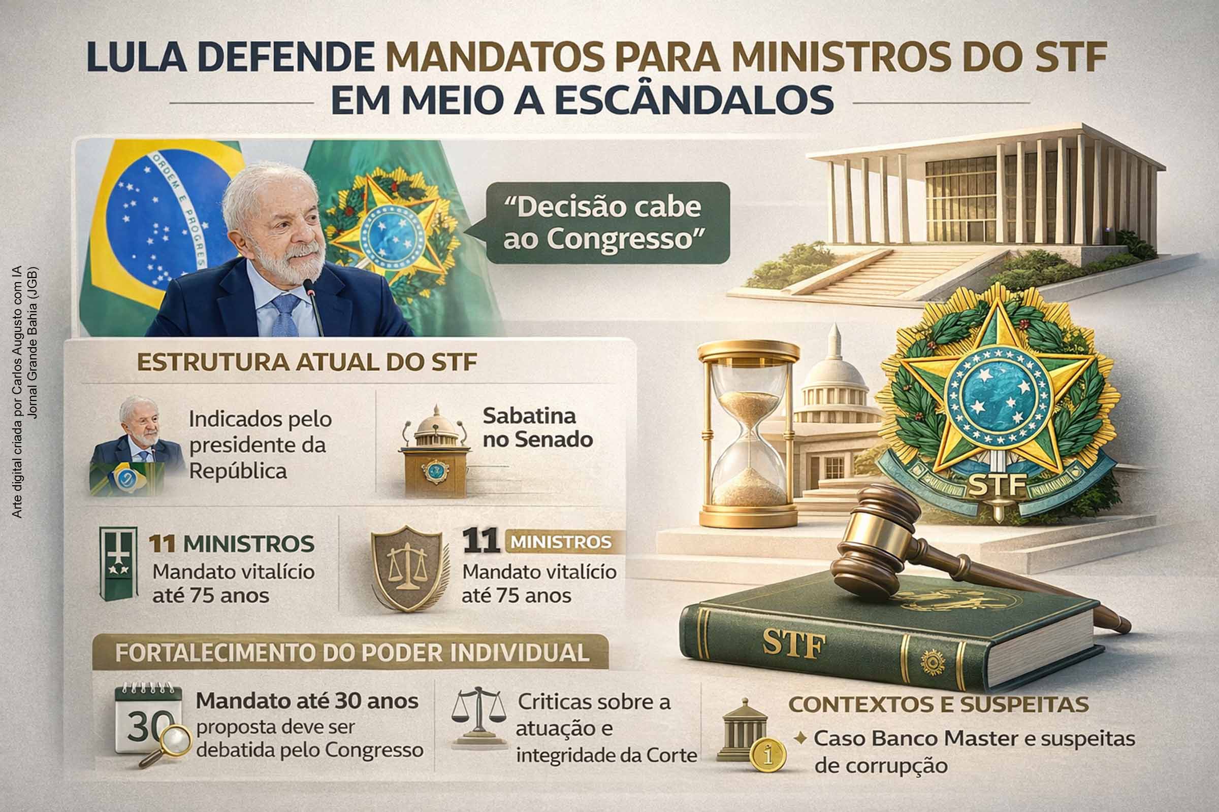 O presidente Lula voltou a defender a criação de mandatos para ministros do STF, afirmando que a decisão cabe ao Congresso e não está ligada ao julgamento dos atos de 8 de janeiro. A proposta surge em meio a críticas à Corte e suspeitas envolvendo o Caso Banco Master. O STF anunciou a criação de um Código de Ética, enquanto o Senado aguarda a sabatina do indicado Jorge Messias para a vaga aberta no tribunal.