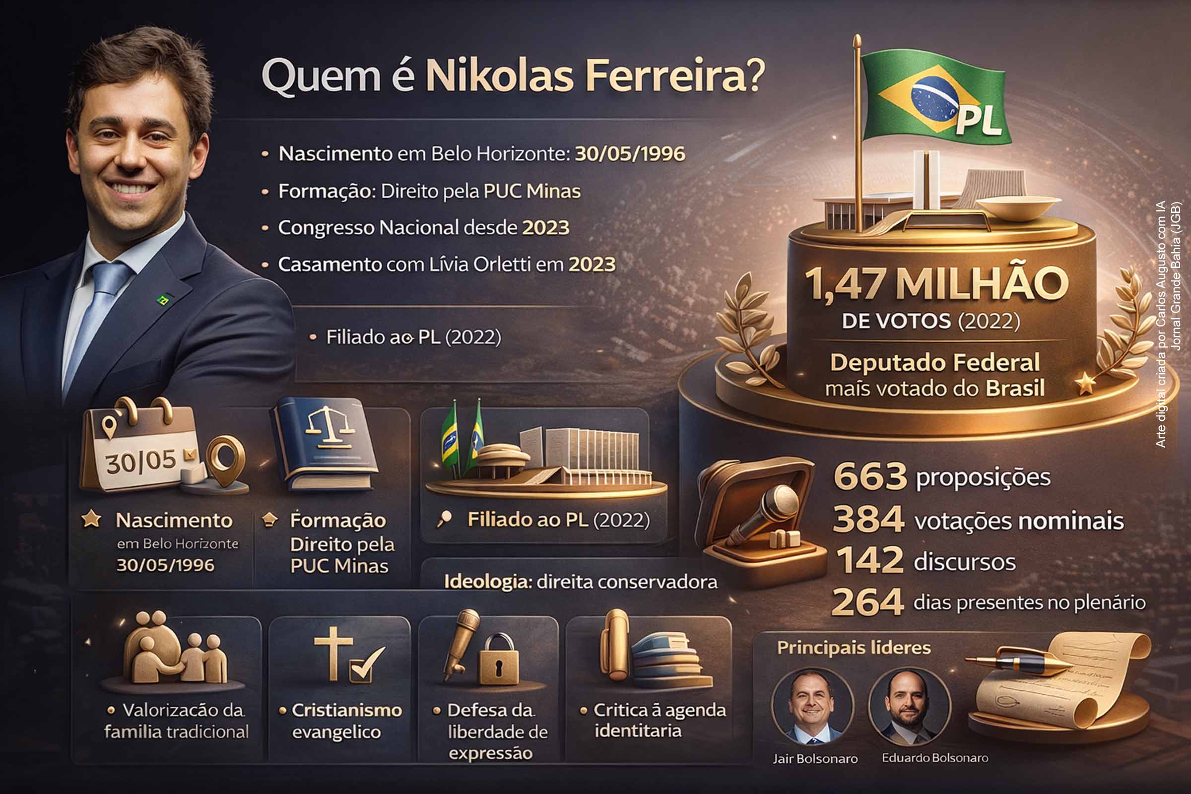 Nascido em Belo Horizonte, em 1996, Nikolas Ferreira tornou-se um dos principais nomes da nova direita brasileira ao ser eleito deputado federal por Minas Gerais com a maior votação do país em 2022. Formado em Direito, com trajetória iniciada na militância digital e passagem pela vereança, consolidou-se nacionalmente no PL, presidiu a Comissão de Educação e construiu sua atuação com base em conservadorismo, engajamento religioso e forte presença nas redes sociais.